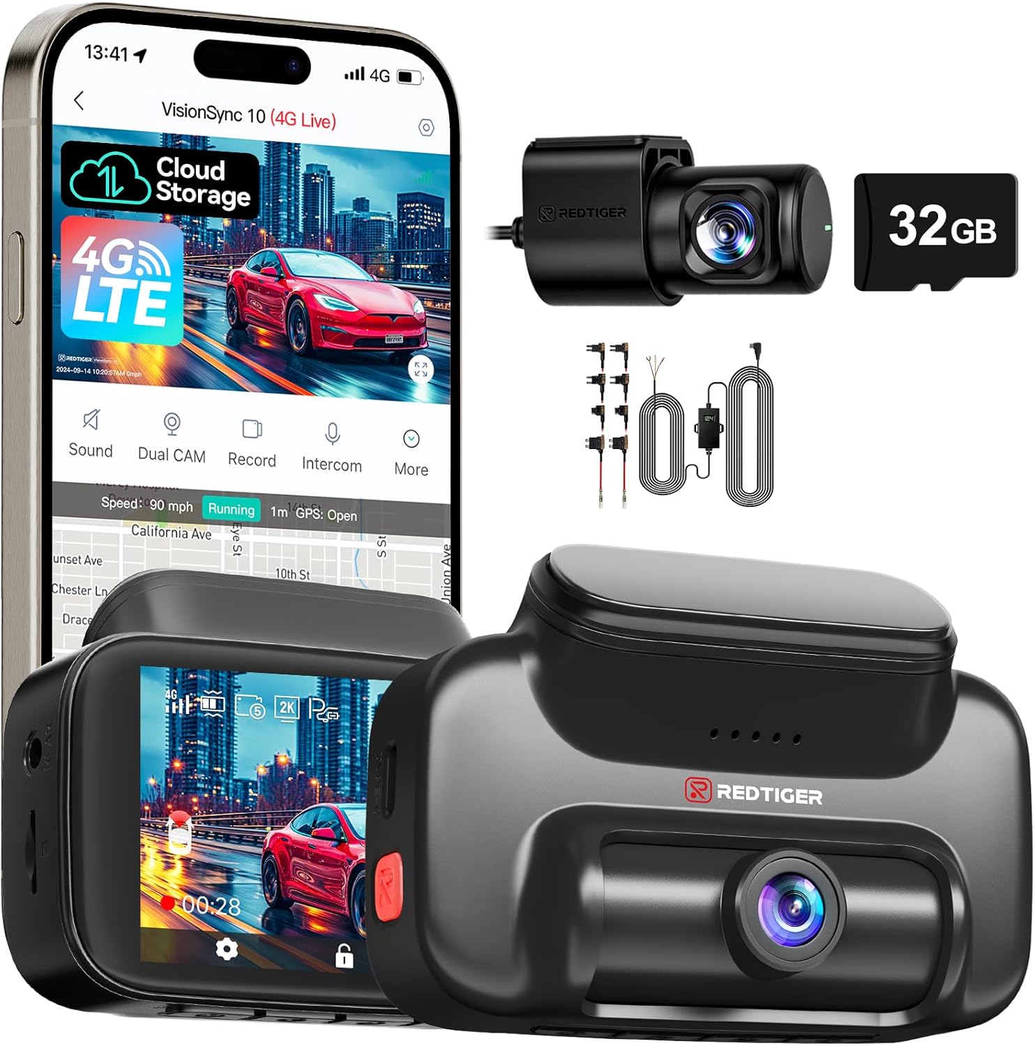 REDTIGER 4G LTE Dash Cam Front/Rear with Live Stream & GPS