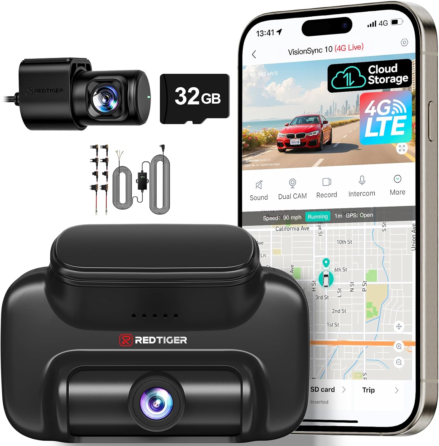 REDTIGER 4G LTE Dash Cam Front+Rear with Remote Live View