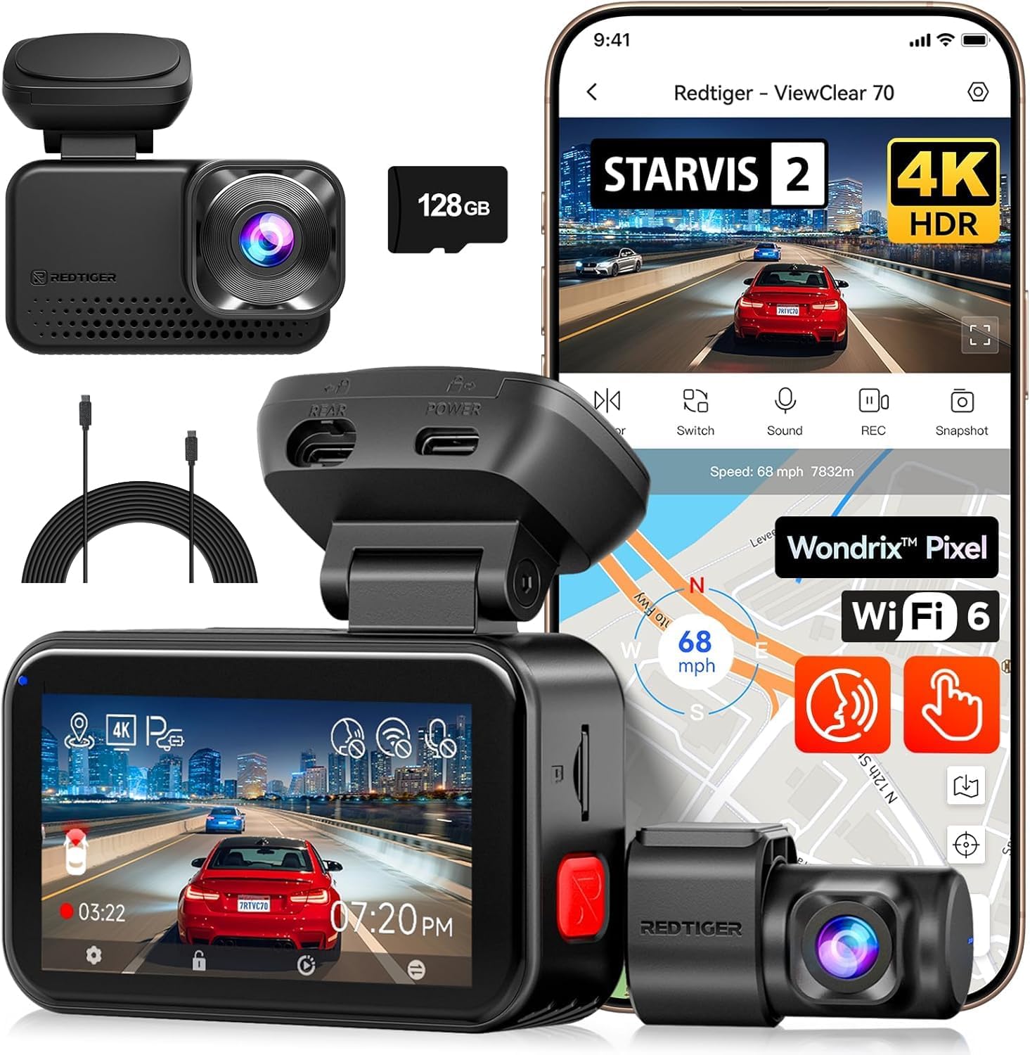REDTIGER 4K Dash Cam Front & Rear with STARVIS 2 WiFi 6