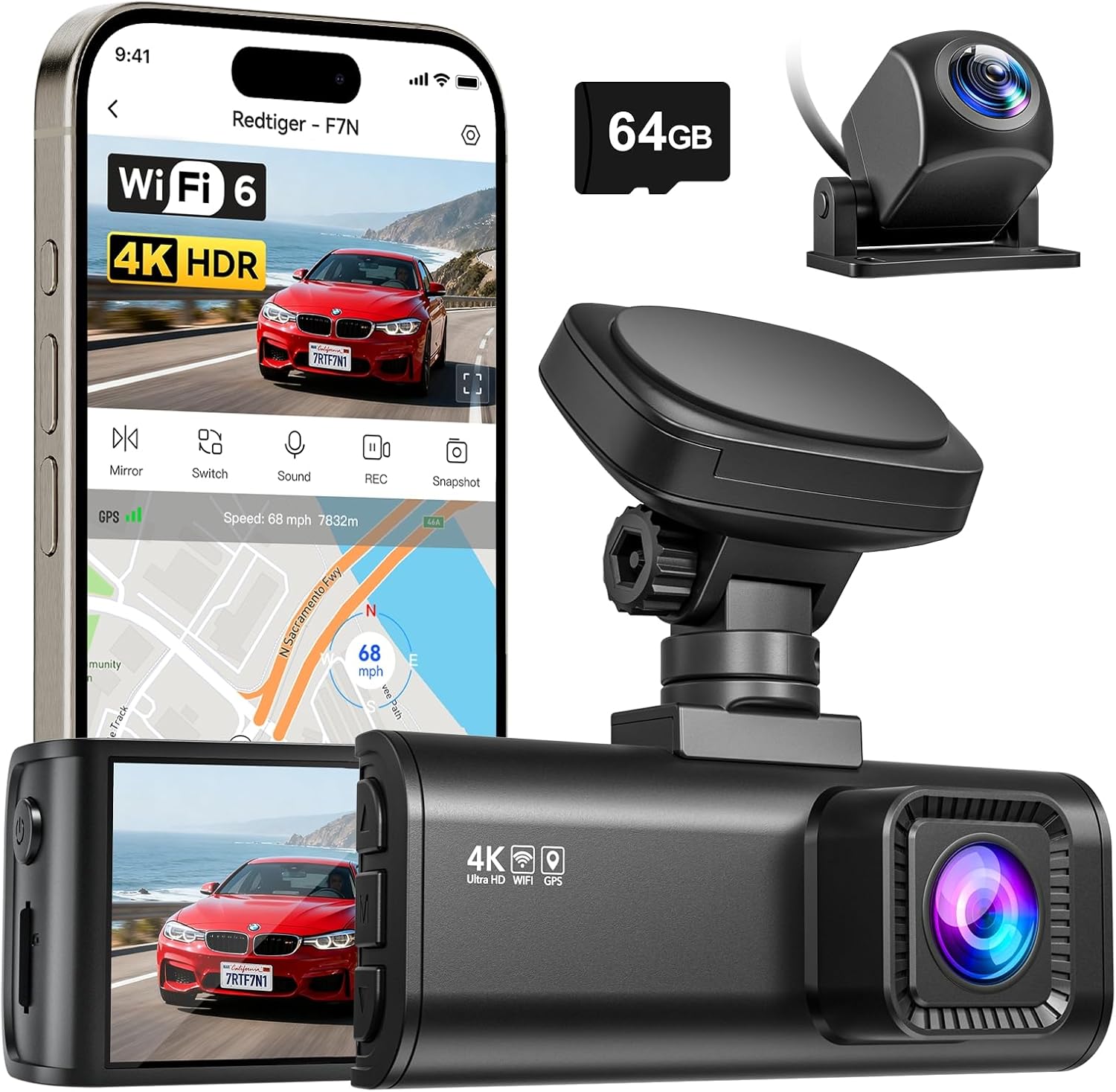 REDTIGER 4K Front & Rear Dash Cam with WiFi & GPS (F7N)