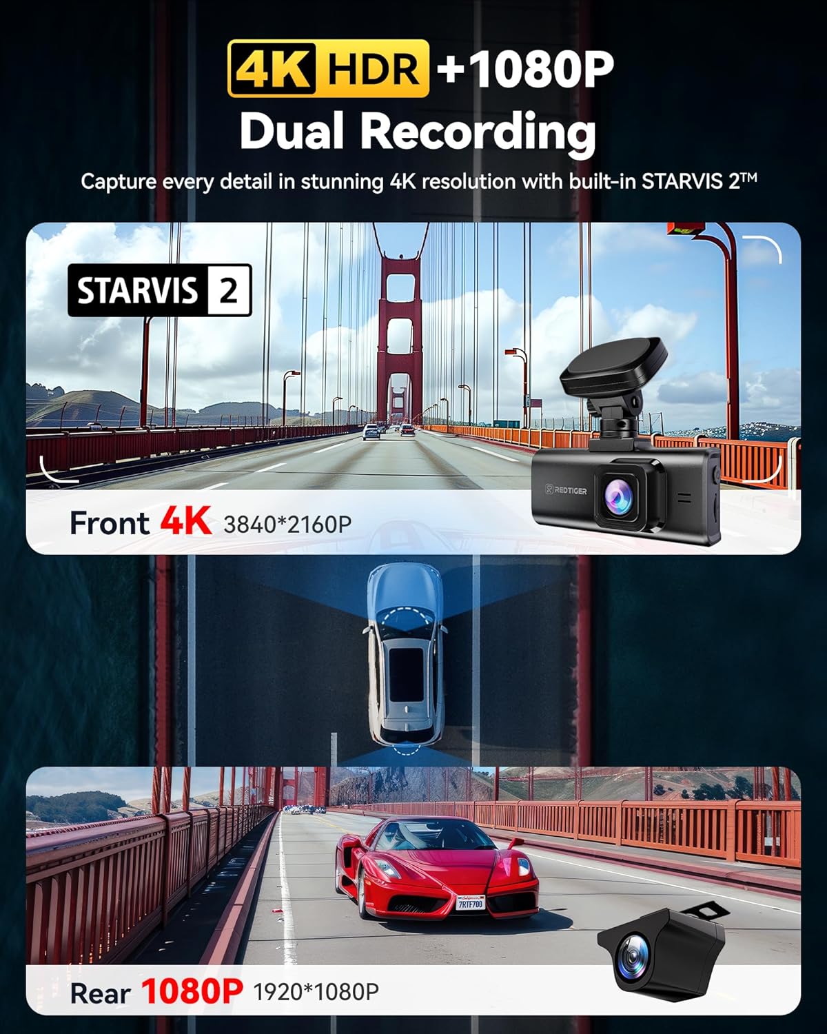 REDTIGER 4K HDR Dash Cam Front/Rear with STARVIS 2 Sensor
