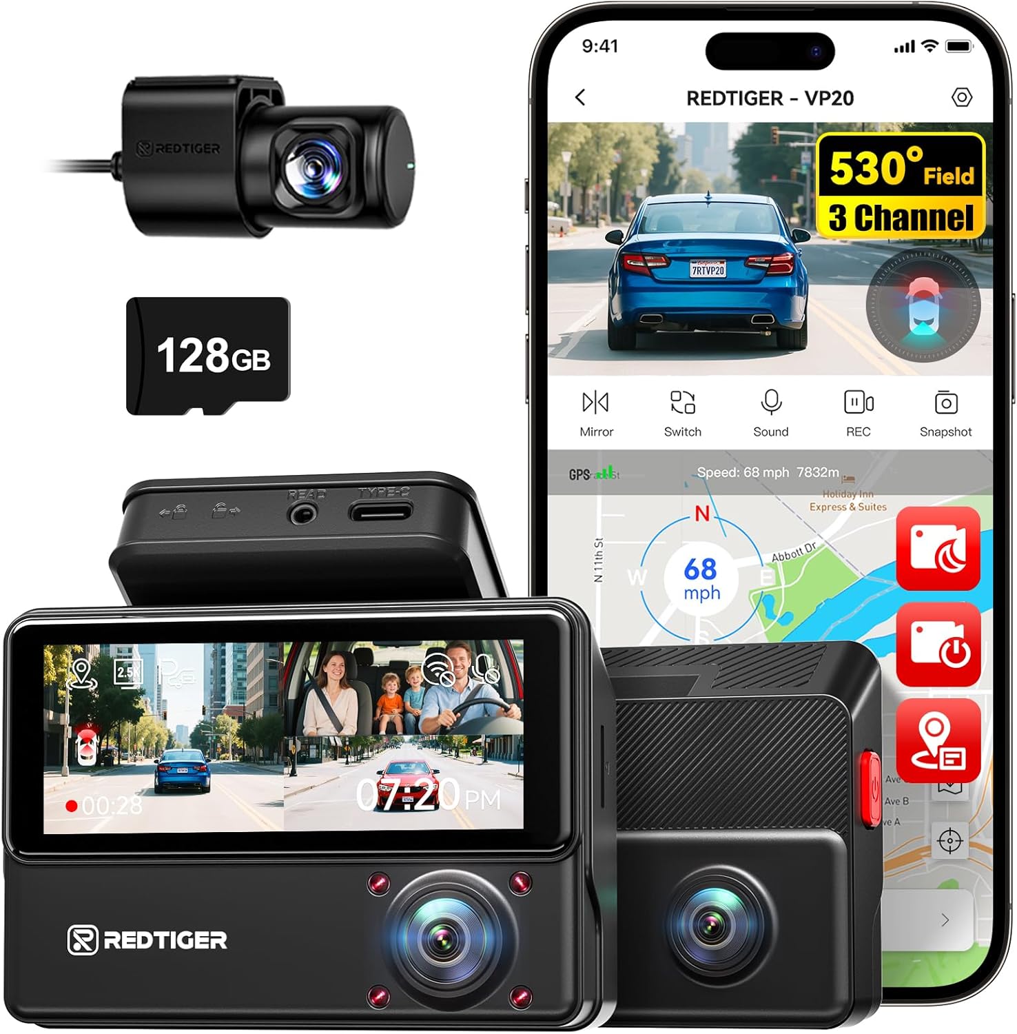 REDTIGER 530° Triple Dash Cam with 128GB Card & WiFi GPS