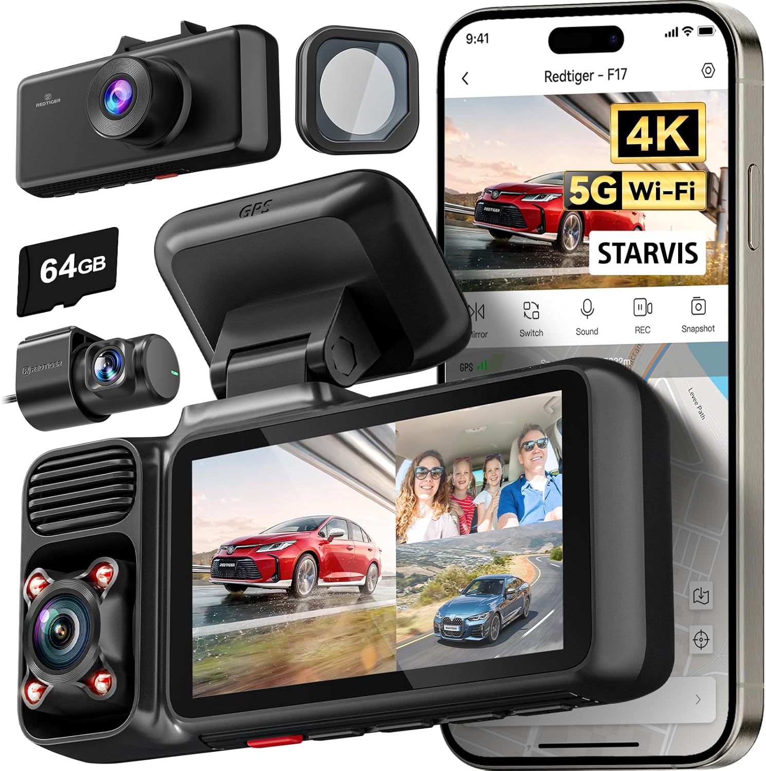 REDTIGER F17 4K Dash Cam 3-Channel with WiFi & GPS