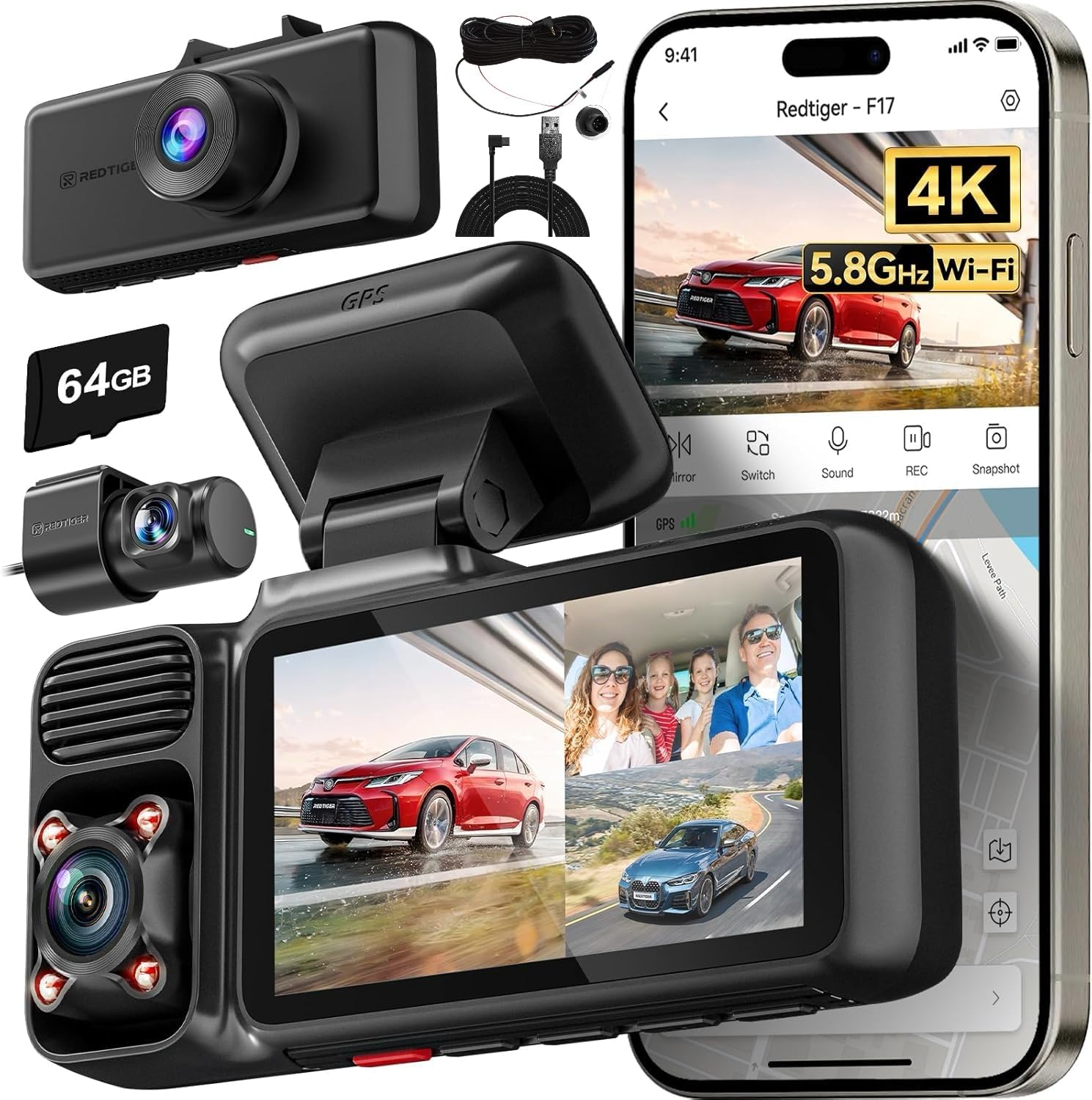 REDTIGER F17 4K Dash Cam Front Rear Inside Triple Camera