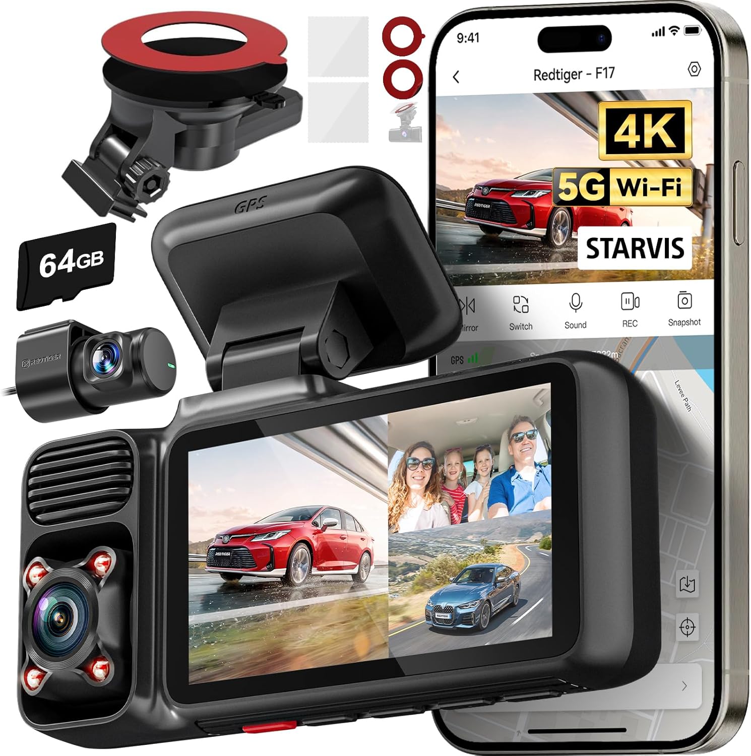 REDTIGER F17 4K Dash Cam Triple Camera with WiFi & GPS