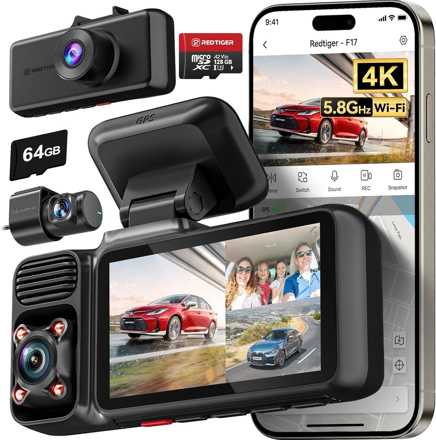 REDTIGER F17 4K Dash Cam Triple Channel Front Rear Inside