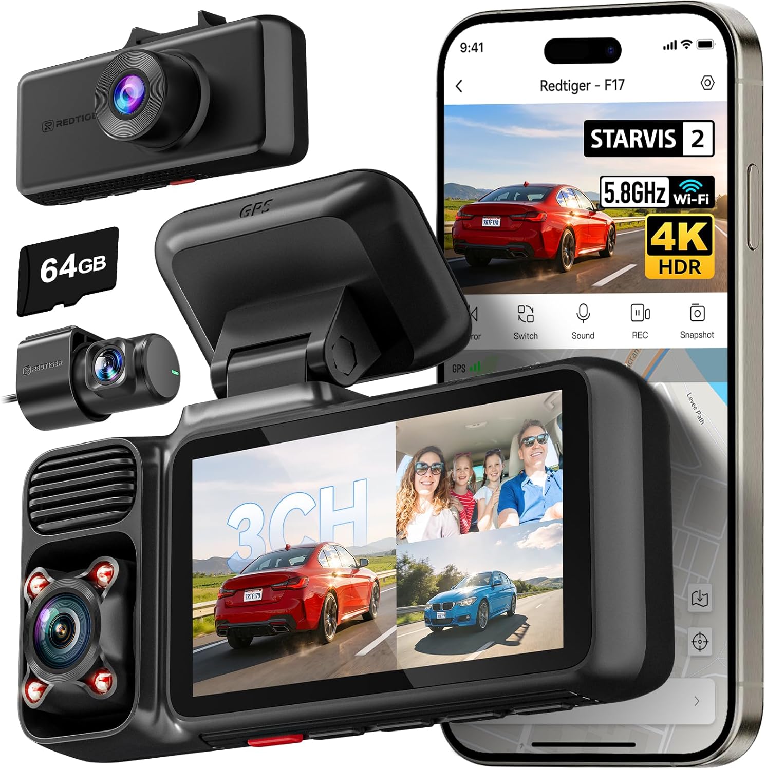 REDTIGER F17 4K Dash Cam with Front, Inside & Rear Camera