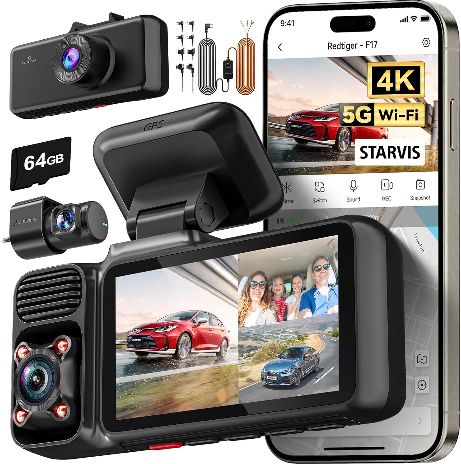 REDTIGER F17 4K Dash Cam with Front, Inside & Rear Camera