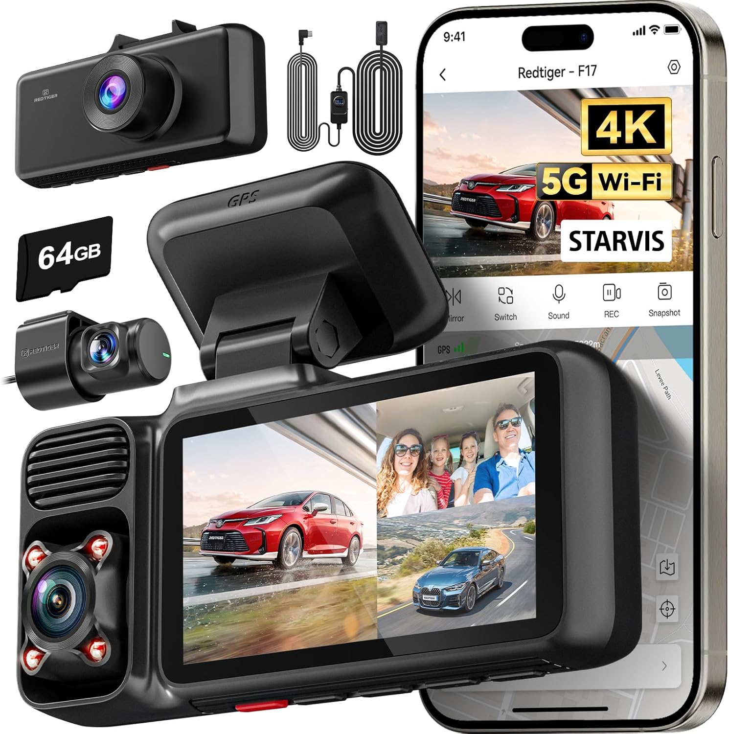 REDTIGER F17 4K Dash Cam with Front, Rear & Inside Camera