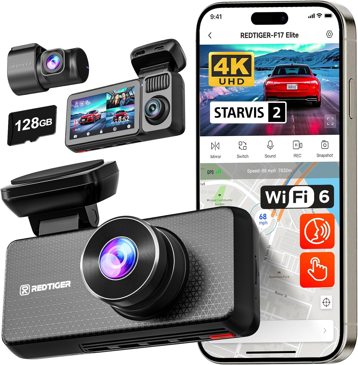 REDTIGER F17 Elite 4K 3-Channel Dash Cam with Night Vision