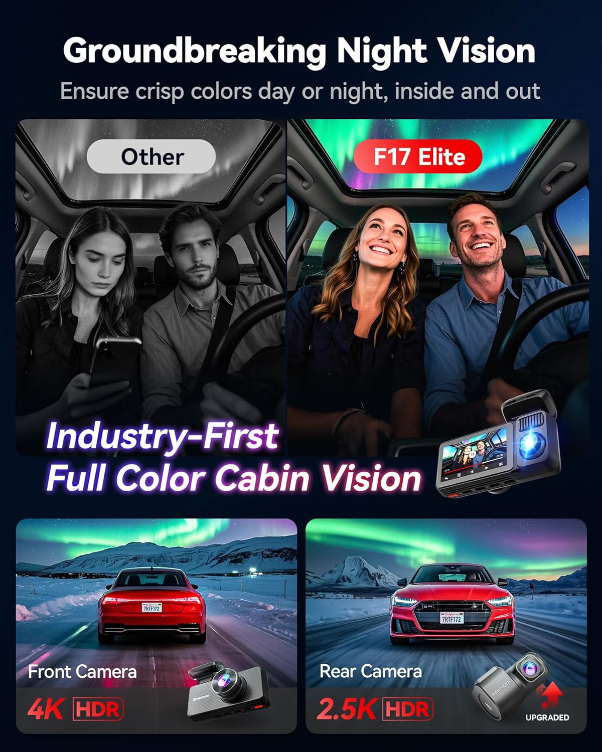 REDTIGER F17 Elite 4K 3-Channel Dash Cam with Night Vision