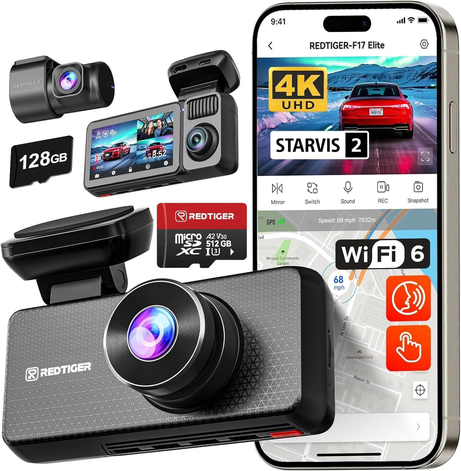 REDTIGER F17 Elite 4K 3-Channel Dash Cam with Night Vision