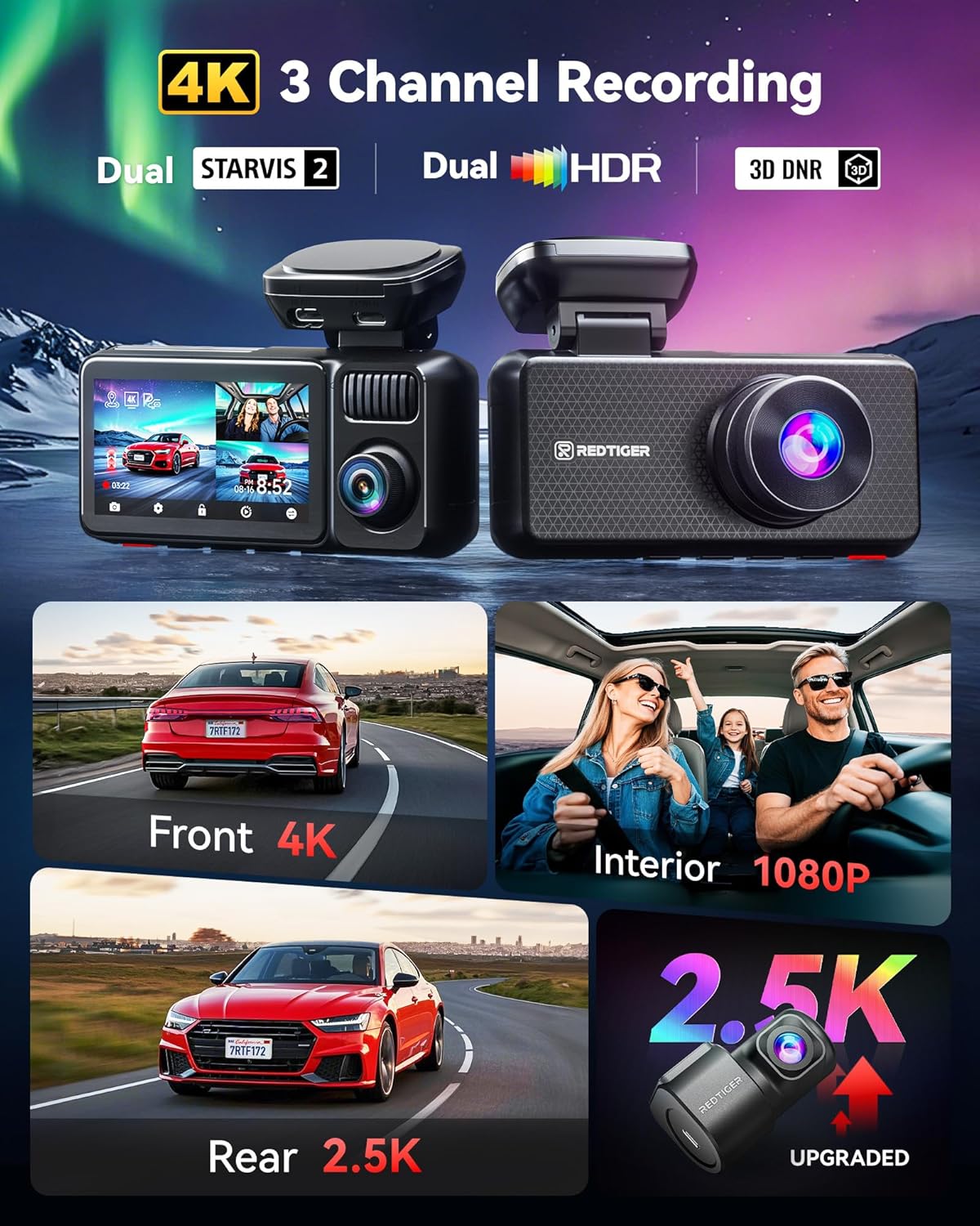 REDTIGER F17 Elite 4K Dash Cam 3-Channel Front Rear Inside