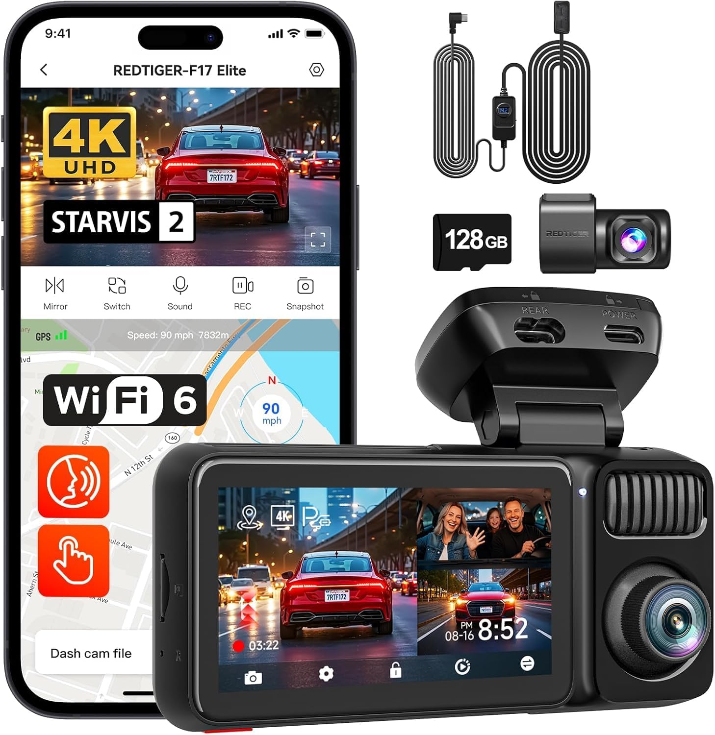 REDTIGER F17 Elite 4K Dash Cam 3 Channel Front Rear Inside