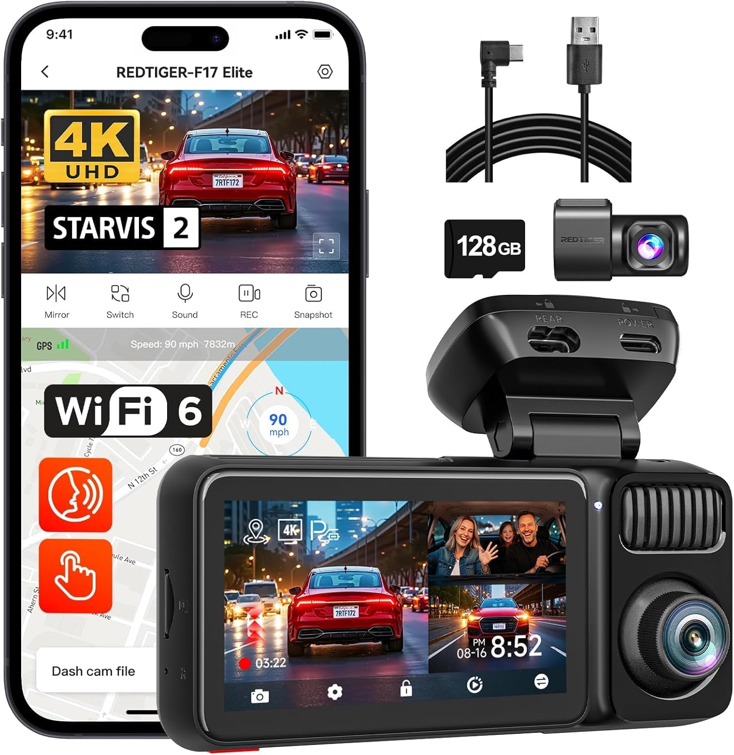 REDTIGER F17 Elite 4K Dash Cam 3 Channel Front Rear Inside