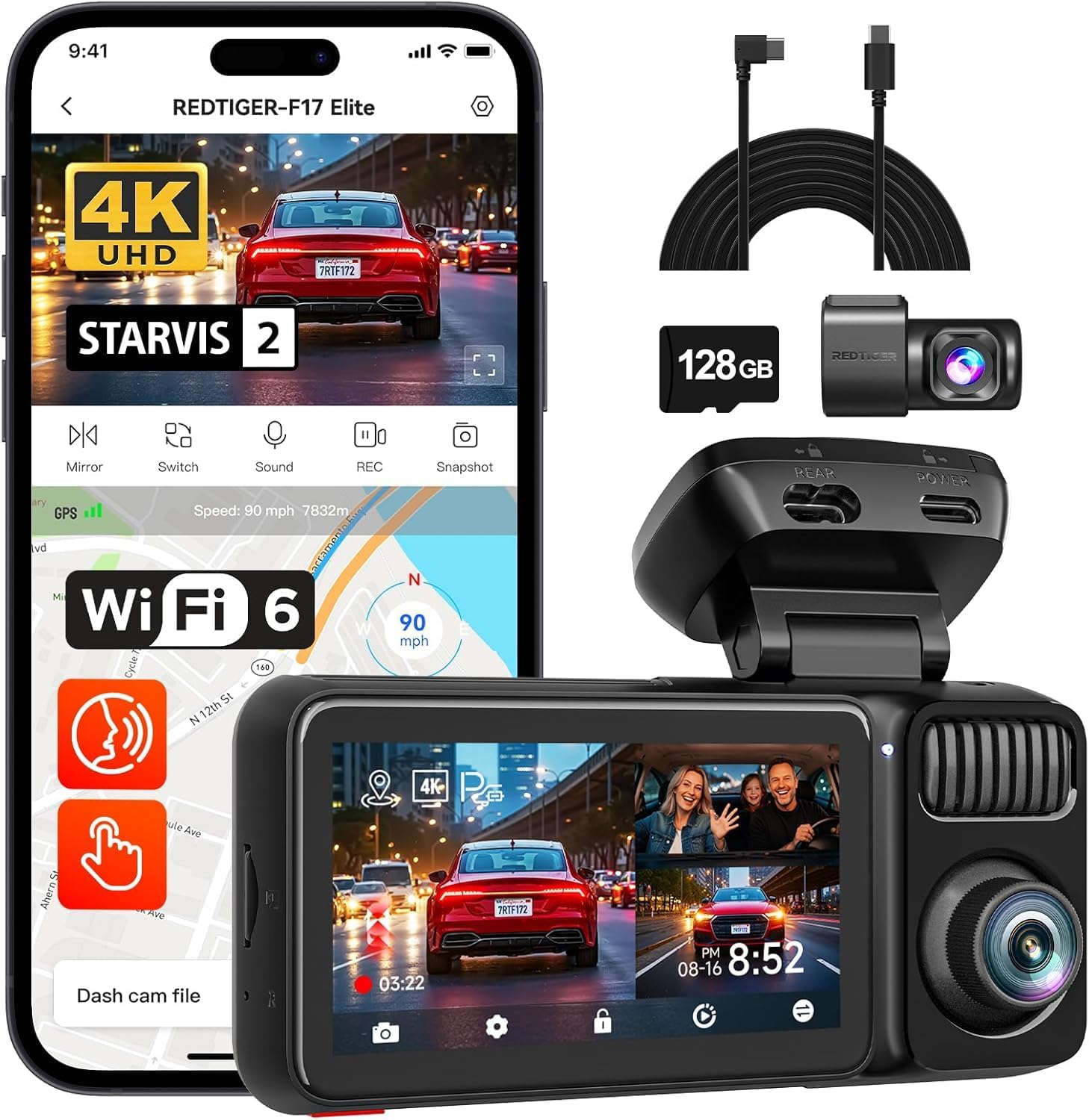 REDTIGER F17 Elite 4K Dash Cam 3-Channel Front Rear Inside