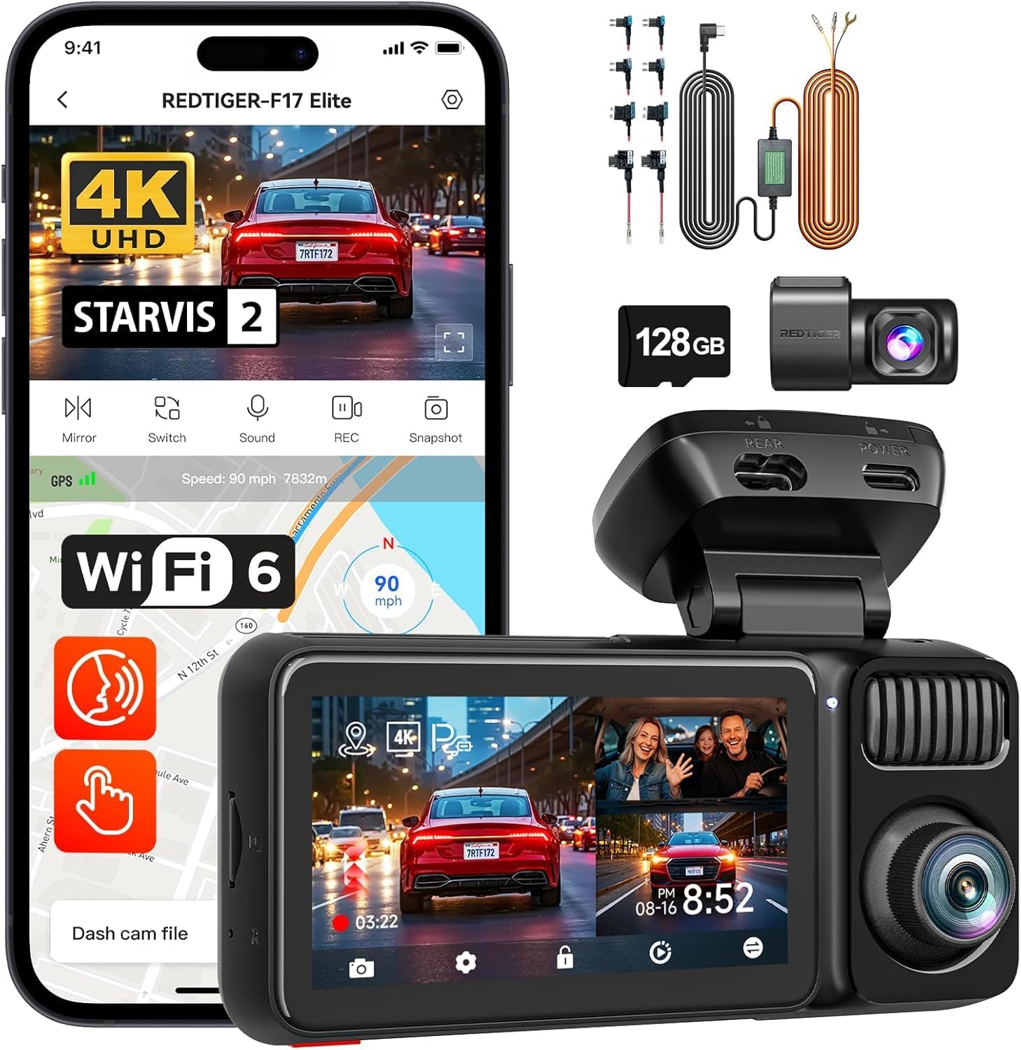 REDTIGER F17 Elite 4K Dash Cam 3 Channel Front Rear Inside