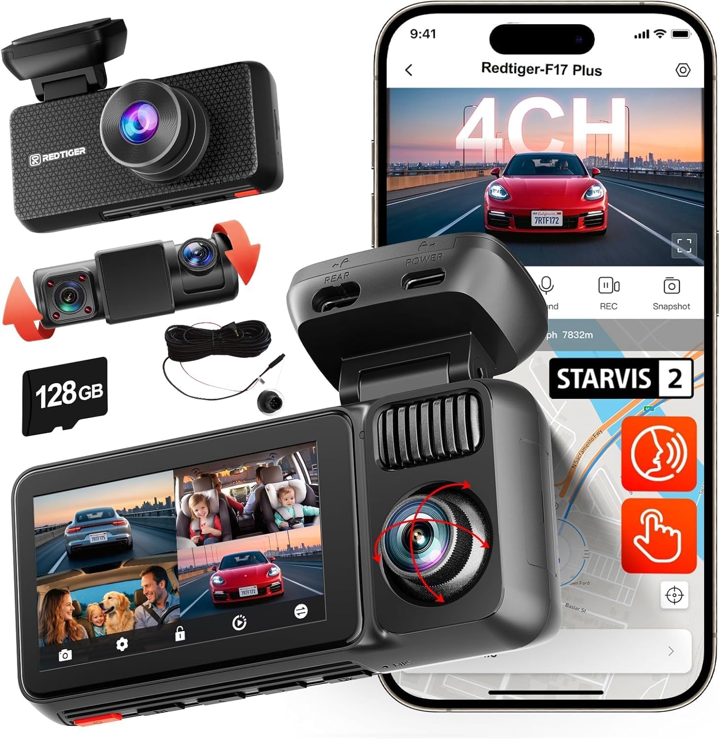 REDTIGER F17 Plus 4-Channel Dash Cam 2.7K+1080P with GPS