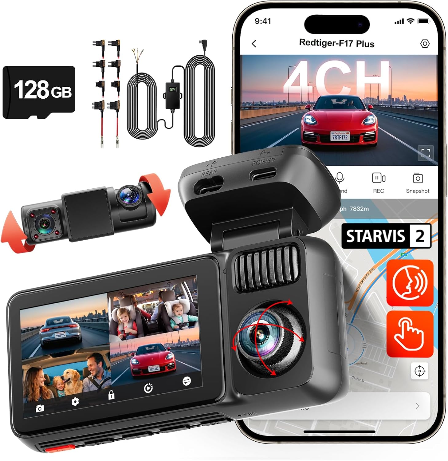 REDTIGER F17 Plus 4-Channel Dash Cam 2.7K Front 1080P Rear