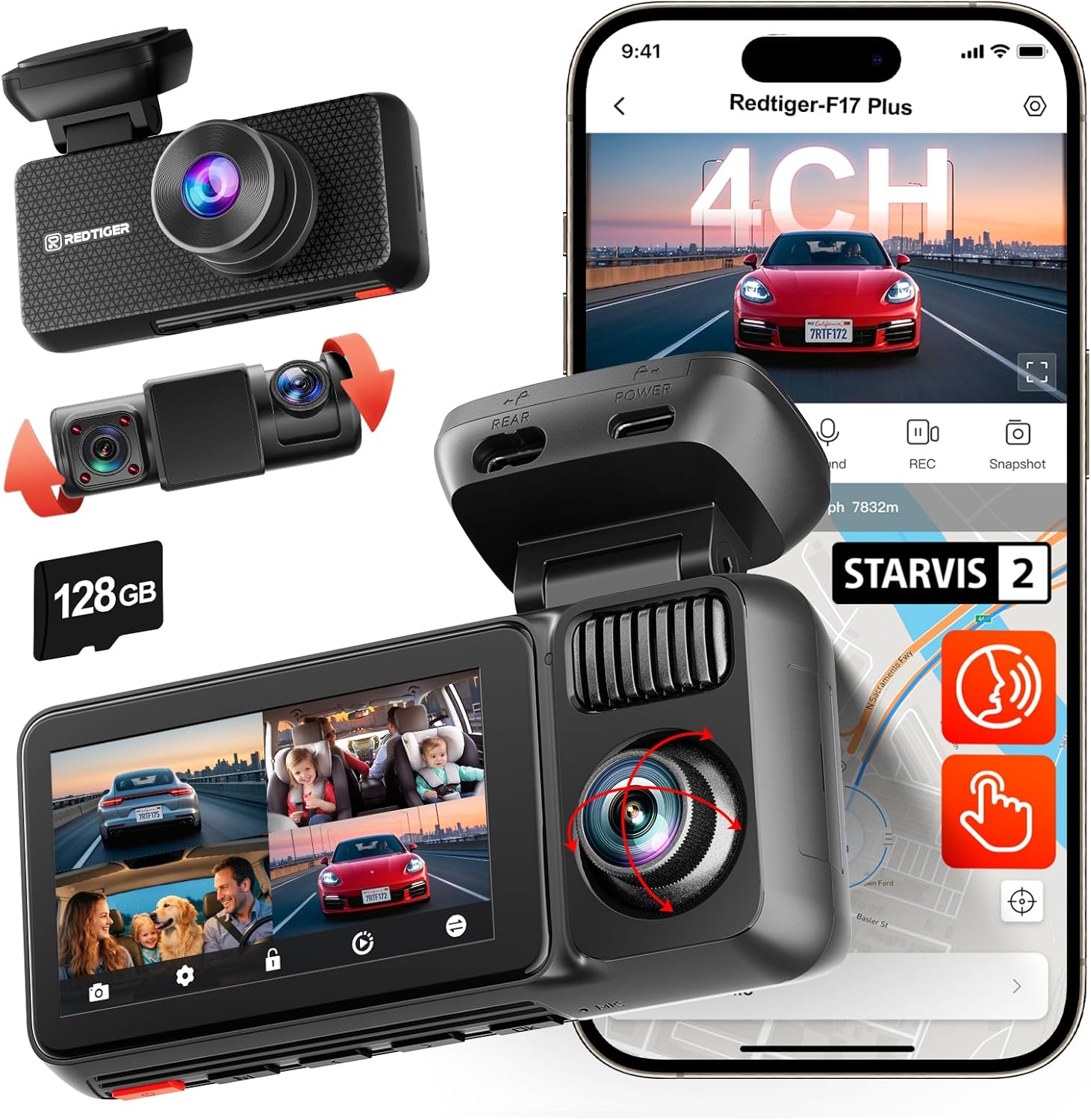 REDTIGER F17 Plus 4-Channel Dash Cam 2.7K with 3 1080P Cams