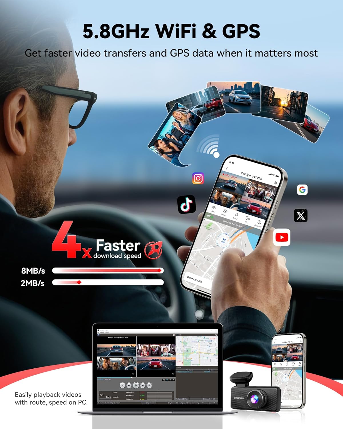 REDTIGER F17 Plus 4-Channel Dash Cam 2.7K with 3 1080P Cams