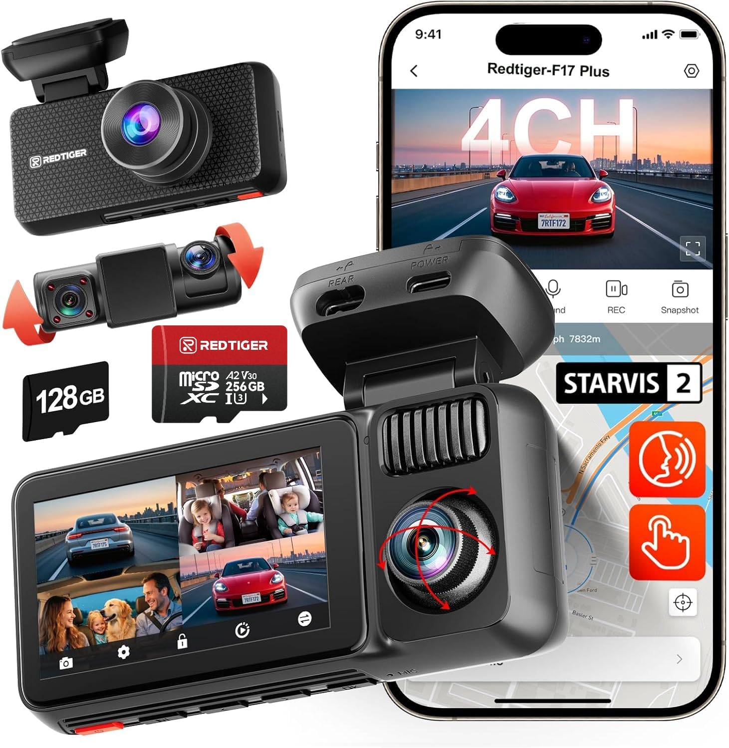 REDTIGER F17 Plus 4-Channel Dash Cam 2.7K with 3 1080P Cams