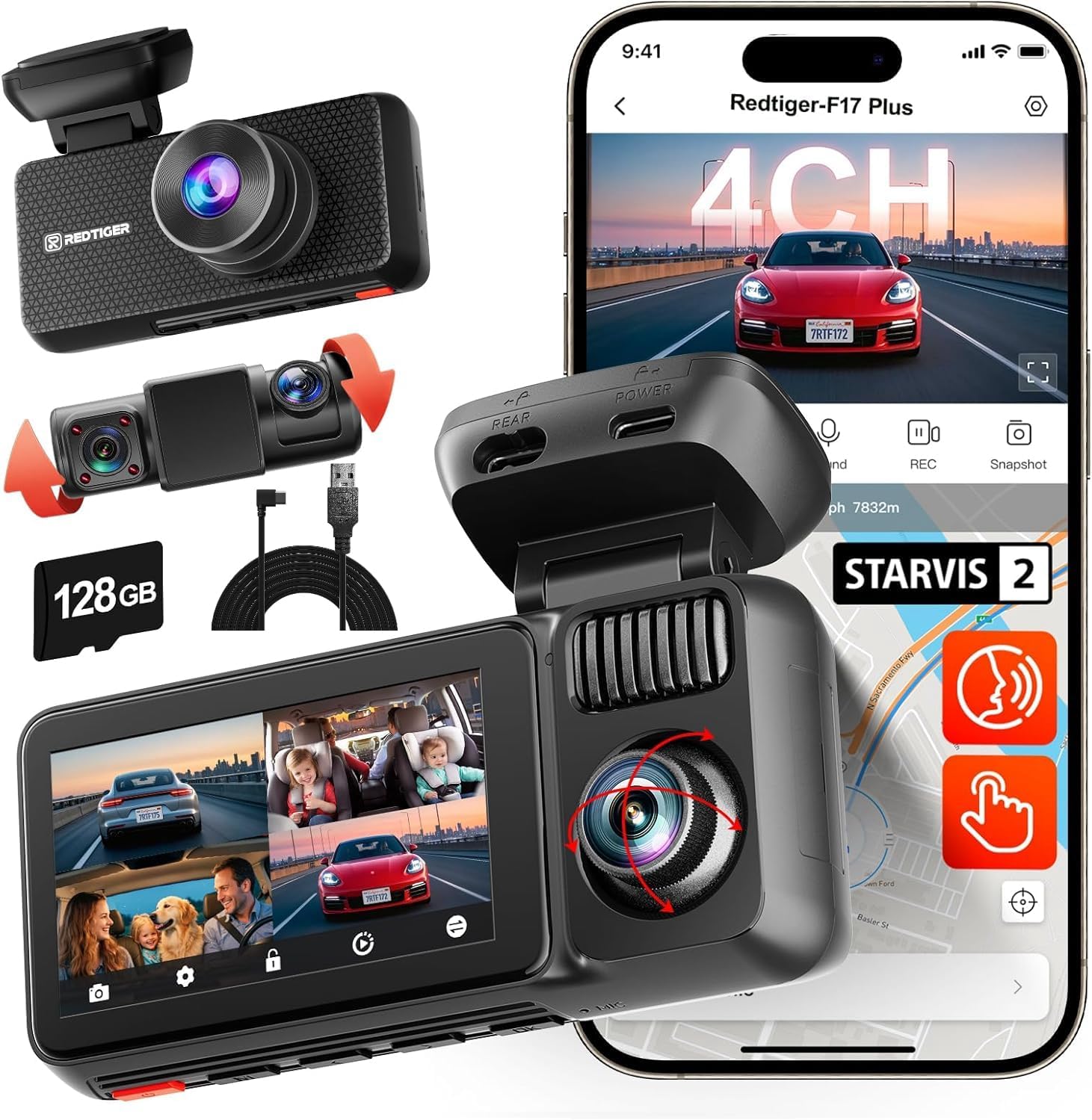 REDTIGER F17 Plus 4-Channel Dash Cam with 2.7K Front Camera