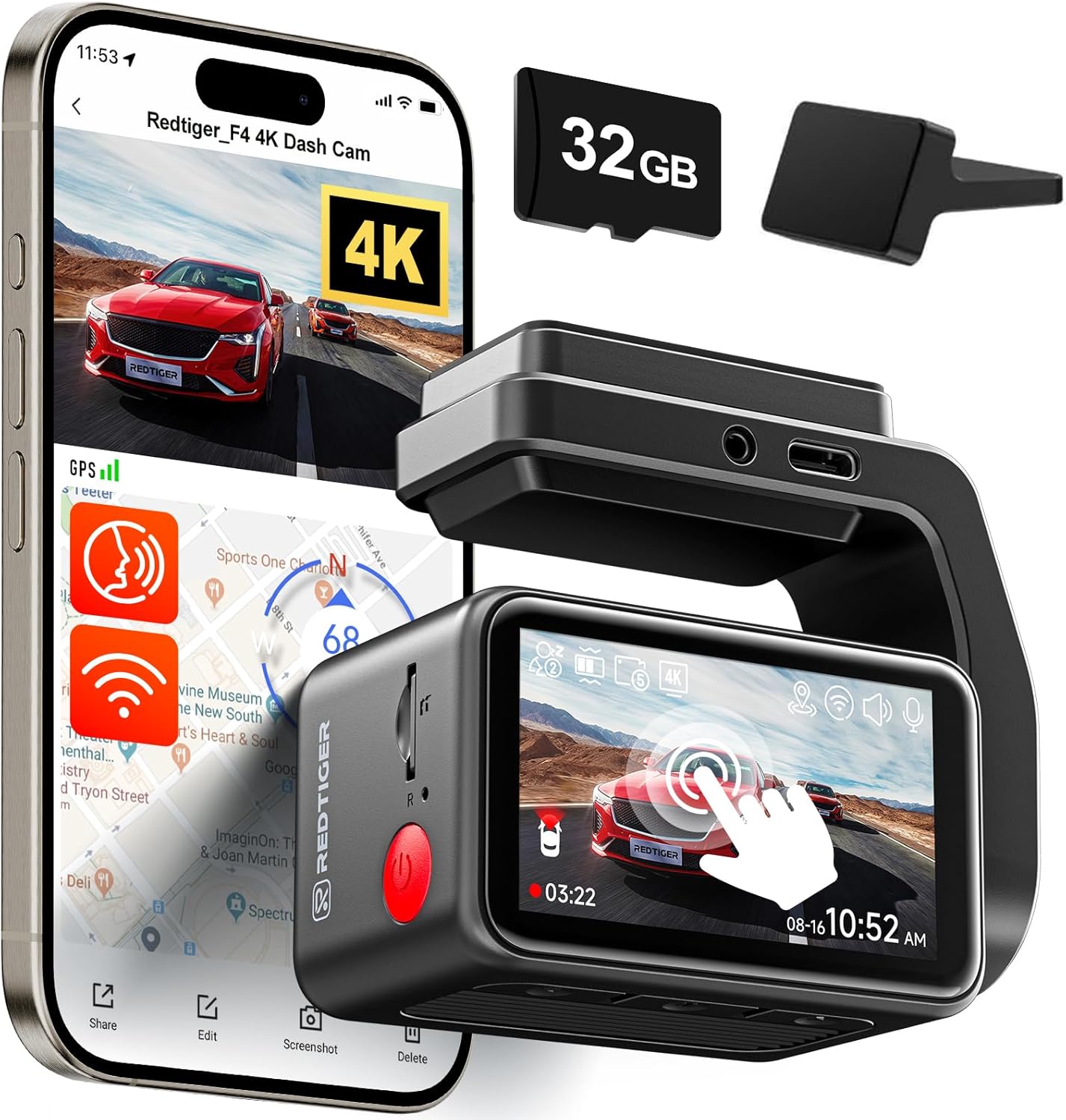 REDTIGER F4 4K Dash Cam Front with Right Angle Glass Slider