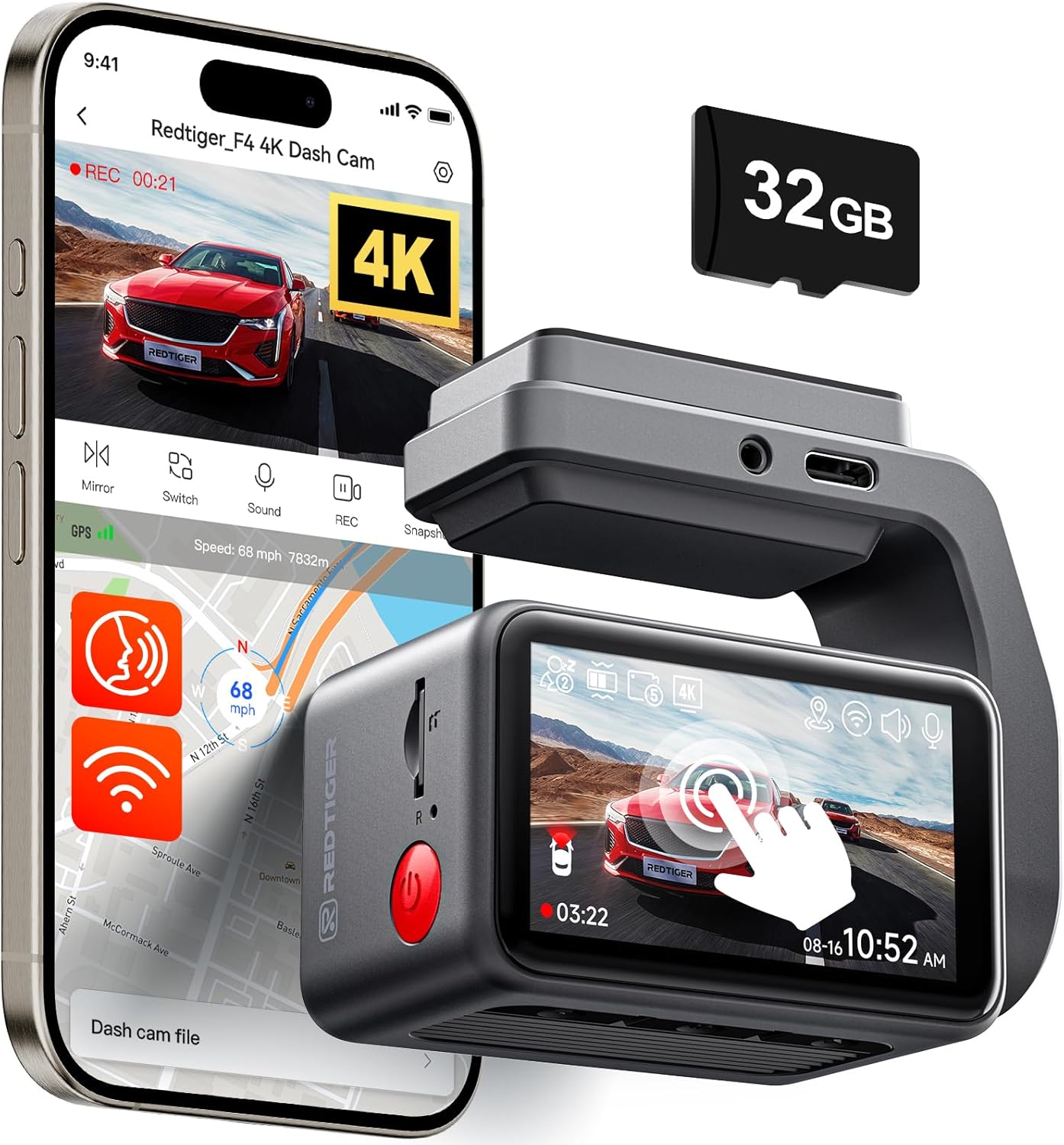 REDTIGER F4 4K Dash Cam with Touch Screen & Voice Control