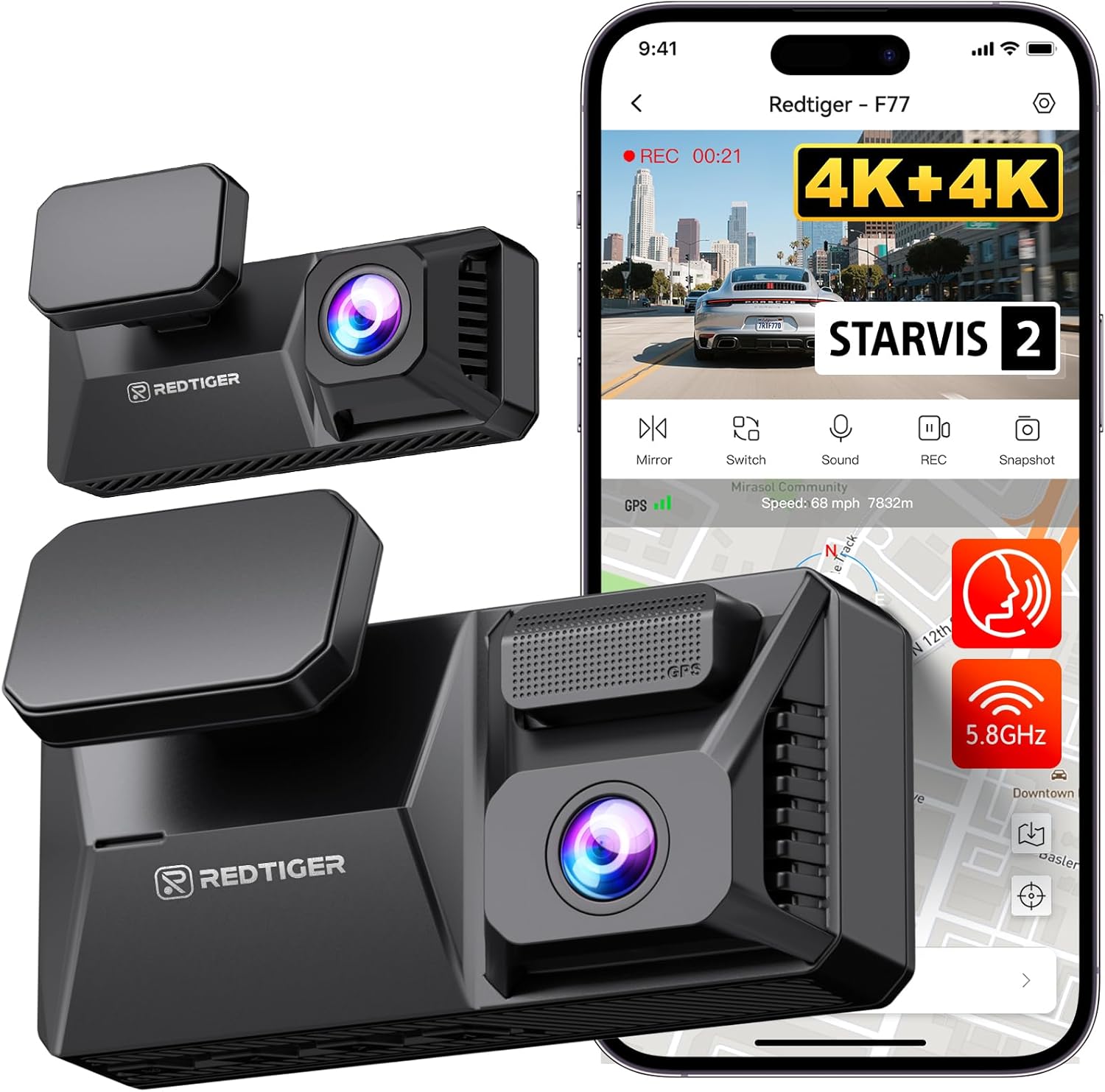 REDTIGER F77 4K Dual Dash Cam with Built-in 128GB Storage