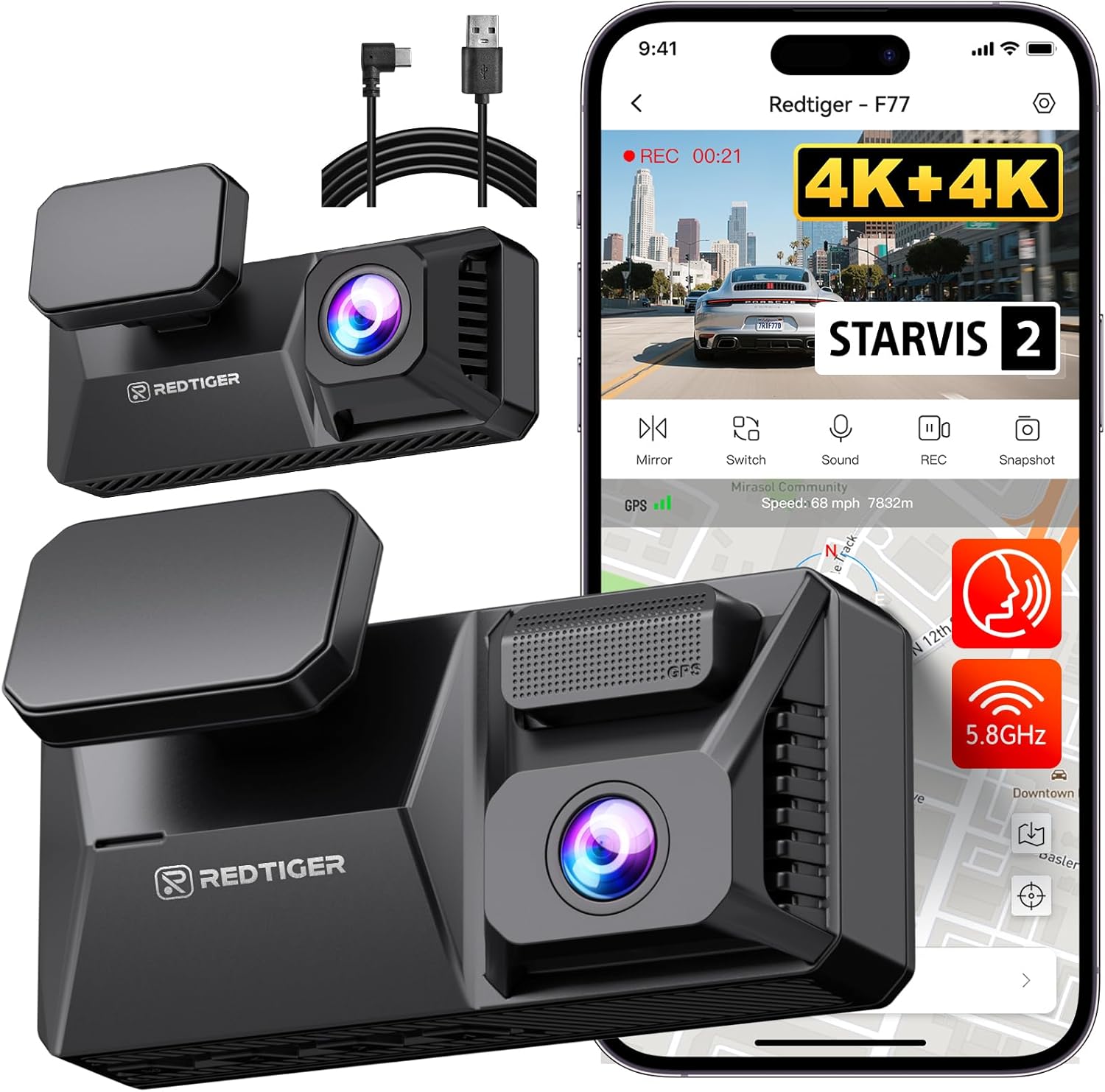 REDTIGER F77 Dual STARVIS 2 4K Dash Cam with 128GB eMMC