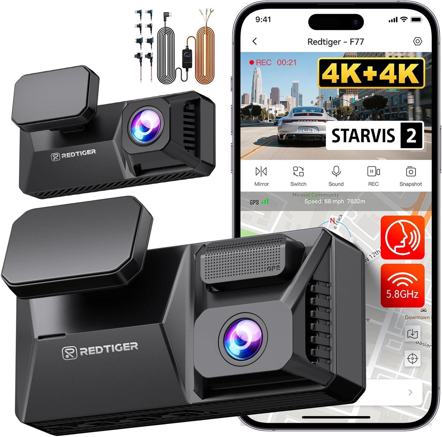 REDTIGER F77 Dual STARVIS 2 4K Dash Cam with 128GB eMMC
