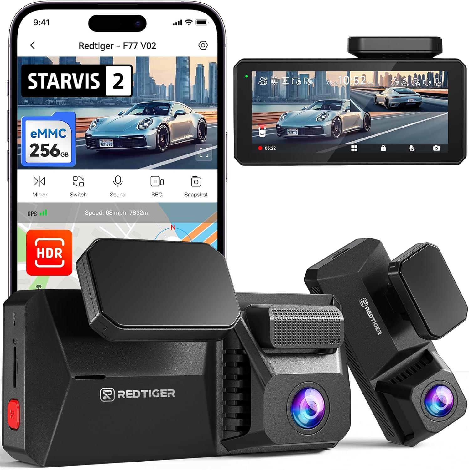 REDTIGER F77 V2 Dual 4K Dash Cam with 256GB eMMC Storage