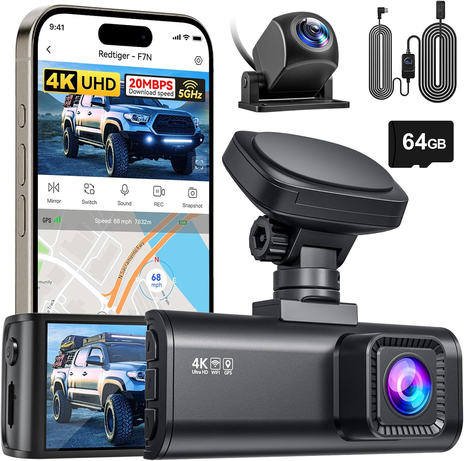 REDTIGER F7N 4K Dash Cam with Rear Camera & WiFi Transfer