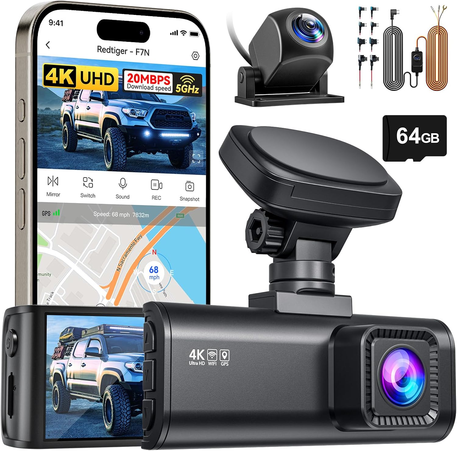 REDTIGER F7N 4K Dash Cam with Rear Camera & WiFi Transfer