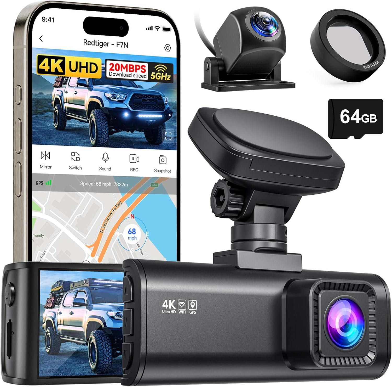 REDTIGER F7N 4K Dual Dash Cam with WiFi & 64GB Card