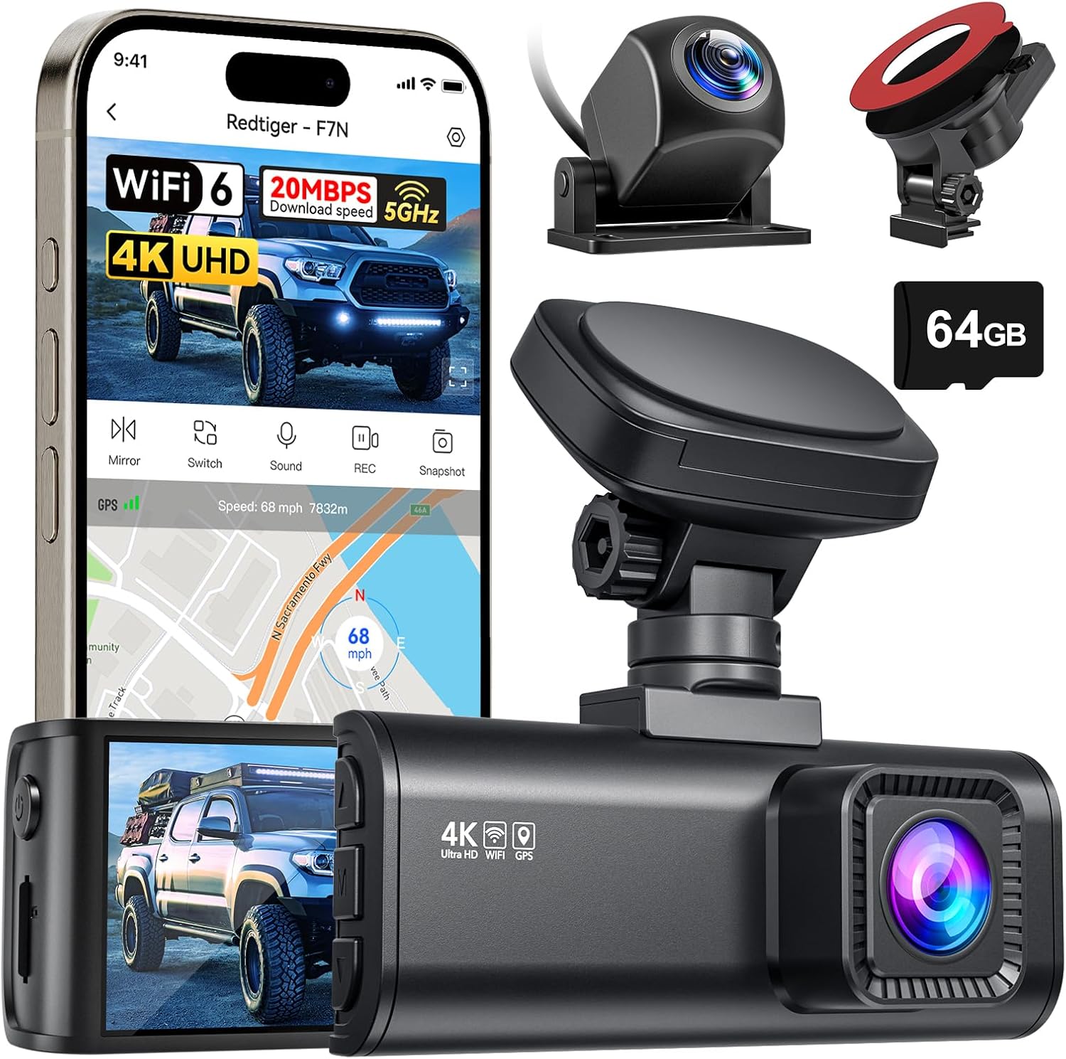 REDTIGER F7N 4K Dual Dash Cam with WiFi & 64GB Card