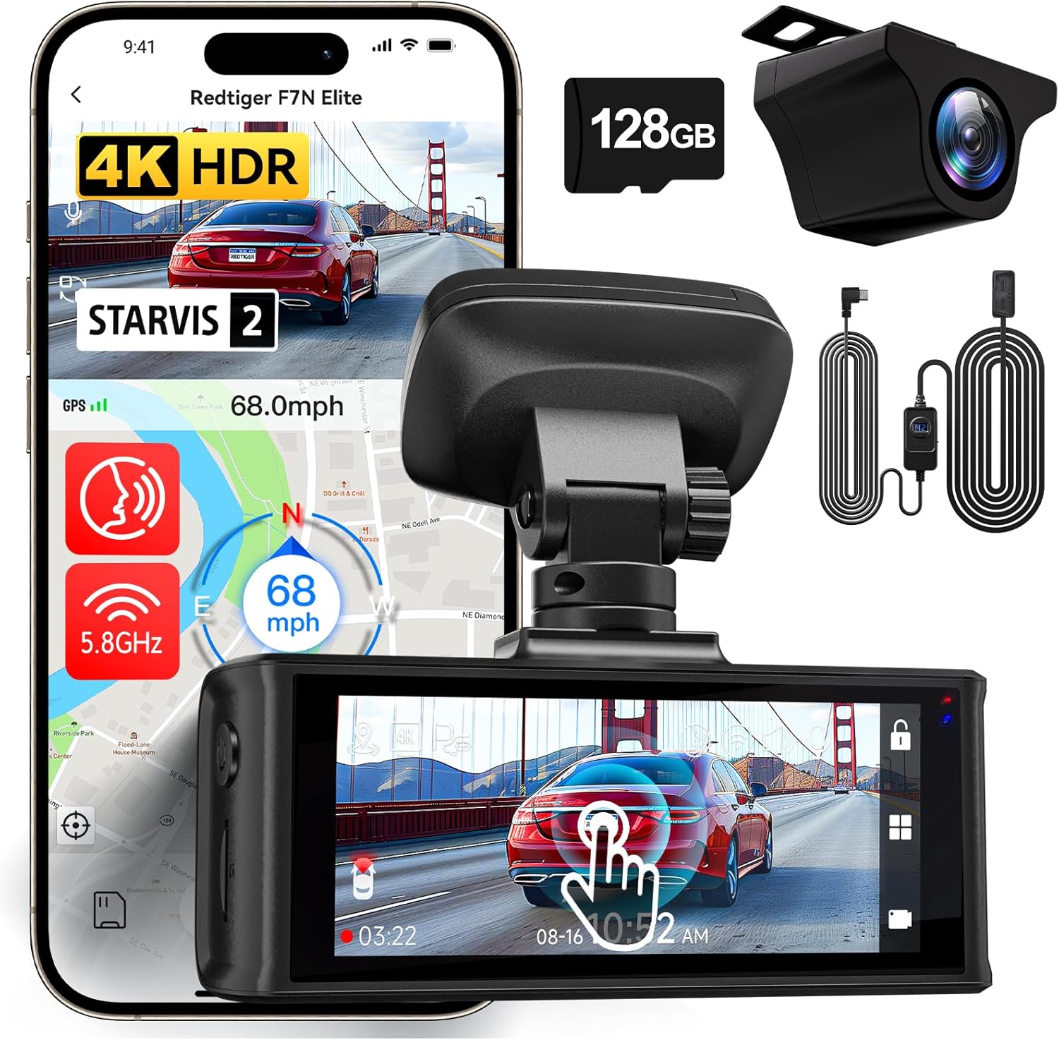 REDTIGER F7N Elite 4K HDR Dash Cam Front & Rear with WiFi
