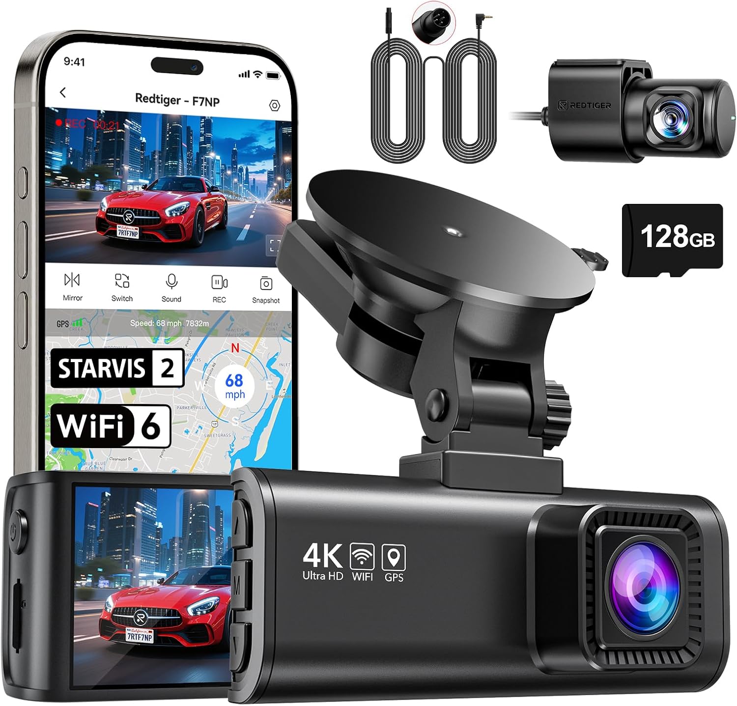 REDTIGER F7N Plus 4K Dual Dash Cam with 128GB & WiFi GPS