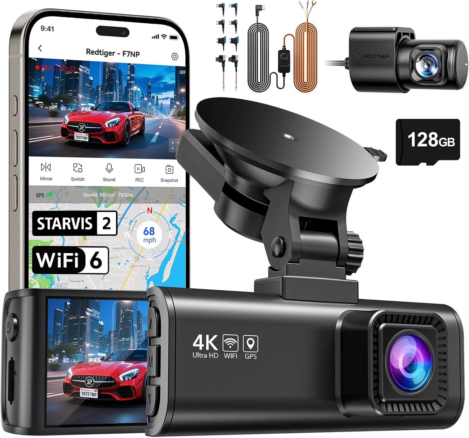 REDTIGER F7N Plus 4K Dual Dash Cam with GPS & WiFi, 128GB