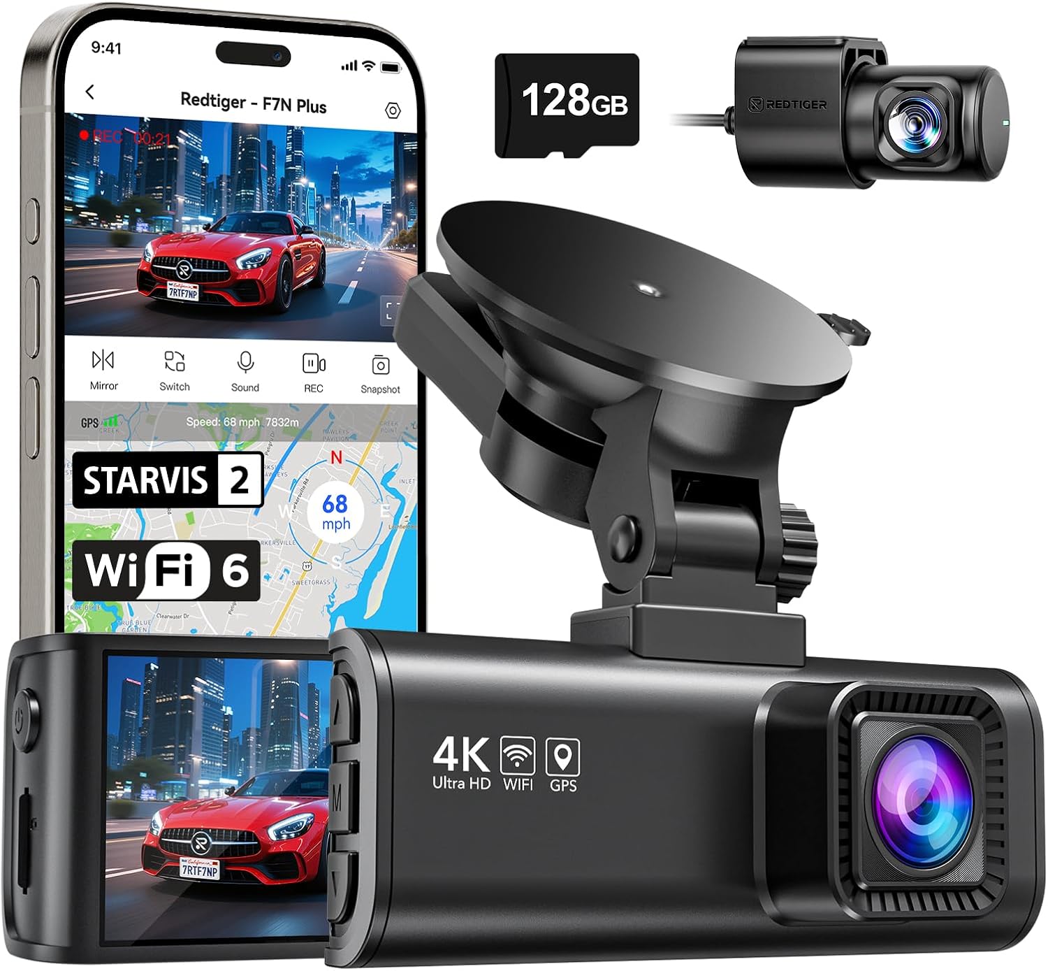 REDTIGER F7N Plus 4K Dual Dash Cam with WiFi, GPS & 128GB