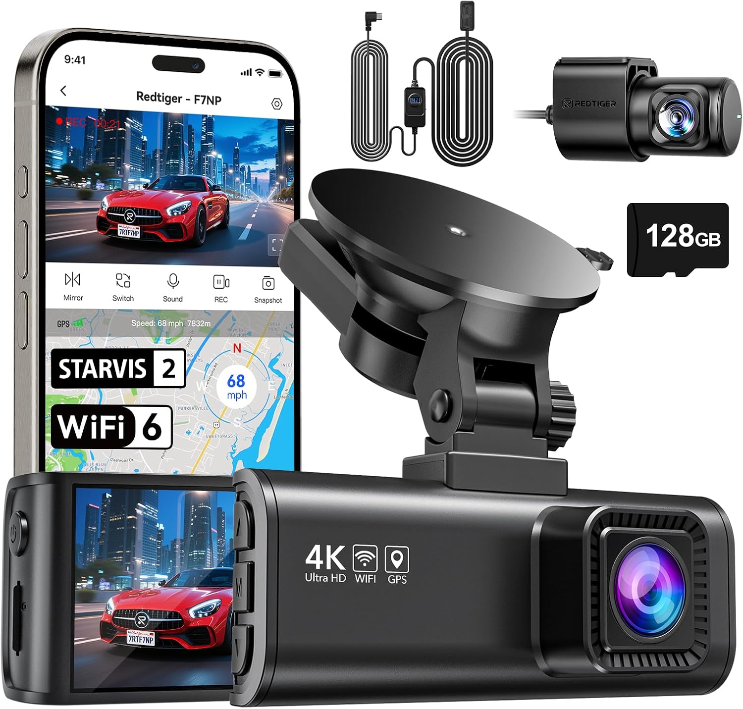 REDTIGER F7N Plus 4K Dual Dash Cam with WiFi, GPS & 128GB