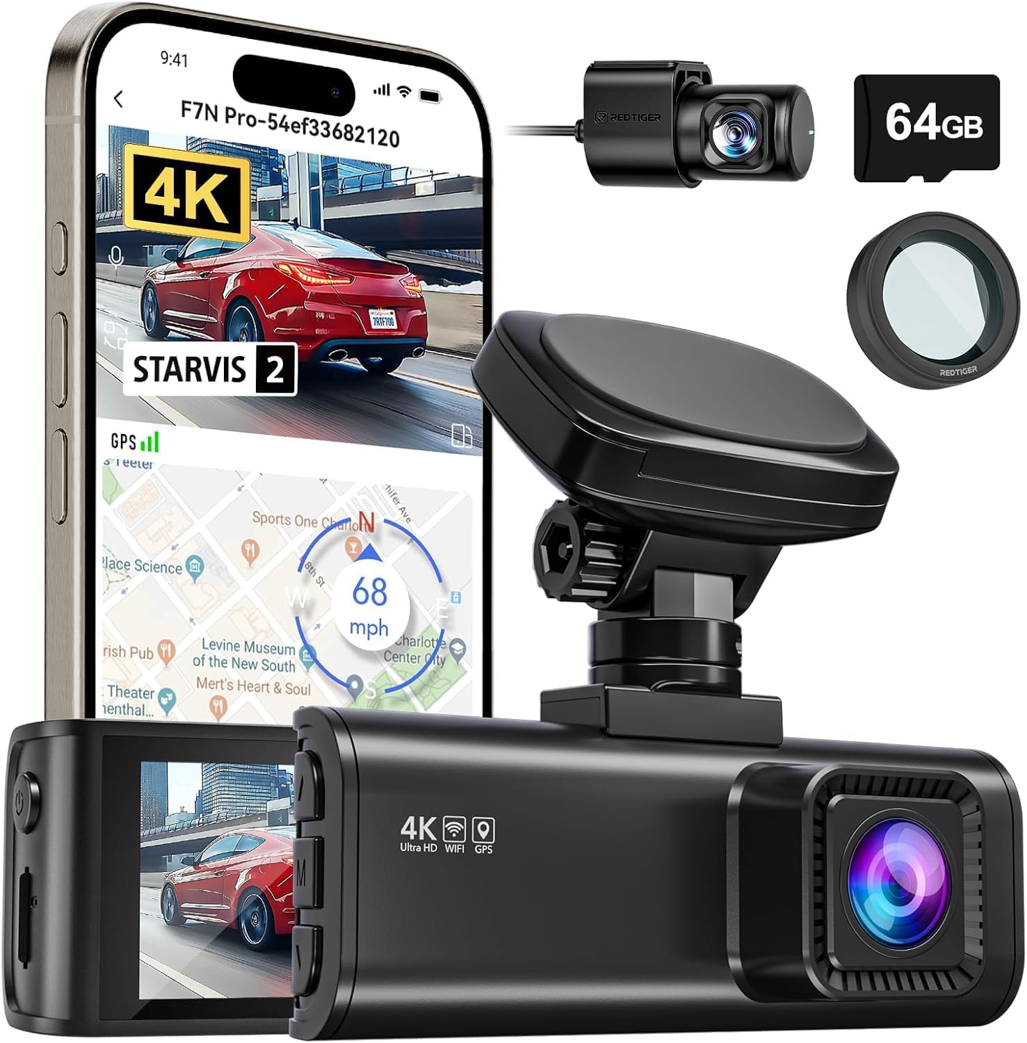 REDTIGER F7N Pro 4K Dash Cam with WiFi GPS & Rear Camera