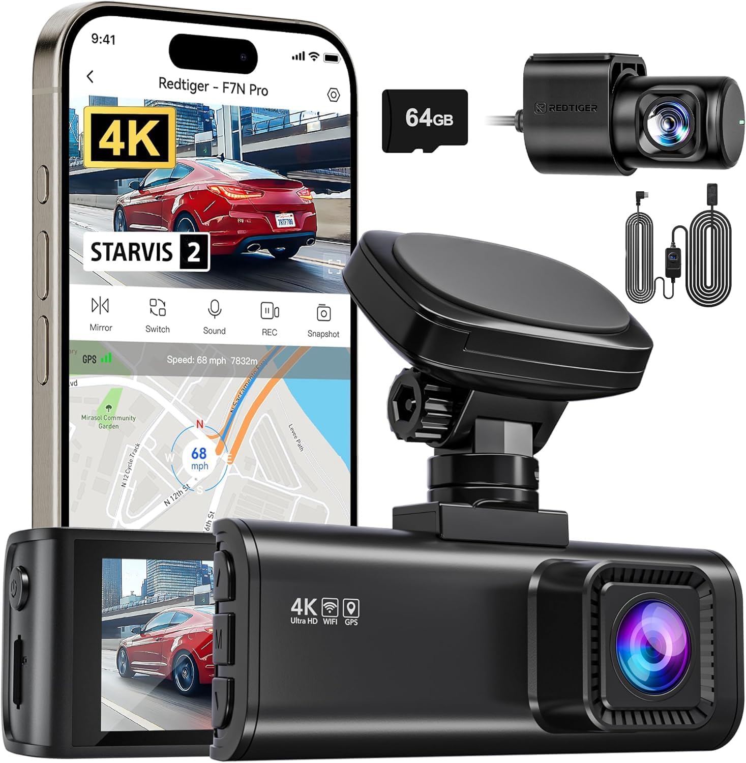 REDTIGER F7N Pro 4K Dual Dash Cam with WiFi GPS & 64GB Card