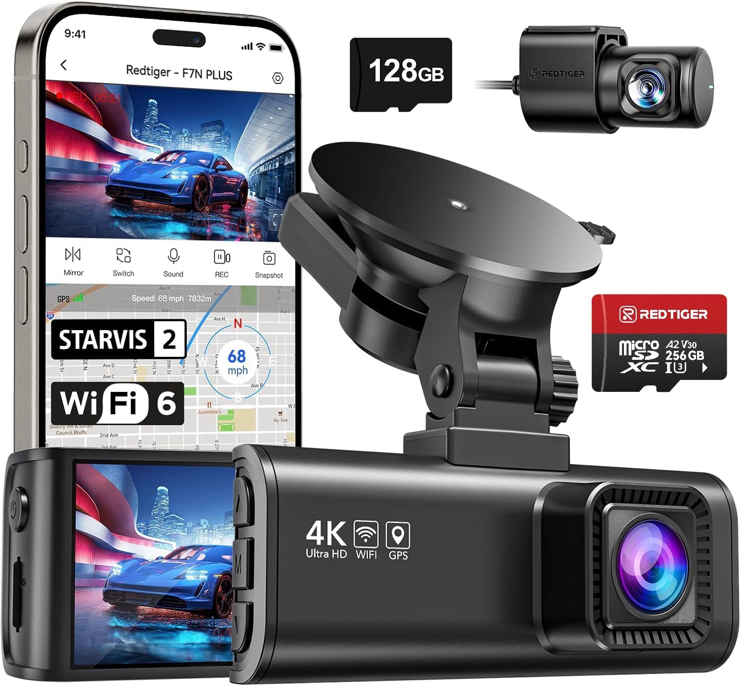 REDTIGER F7NP 4K Dash Cam with GPS WiFi & 256GB Card