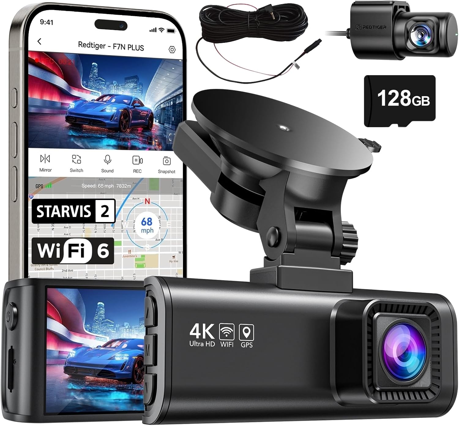 REDTIGER F7NP 4K Dash Cam with GPS WiFi & Rear Camera