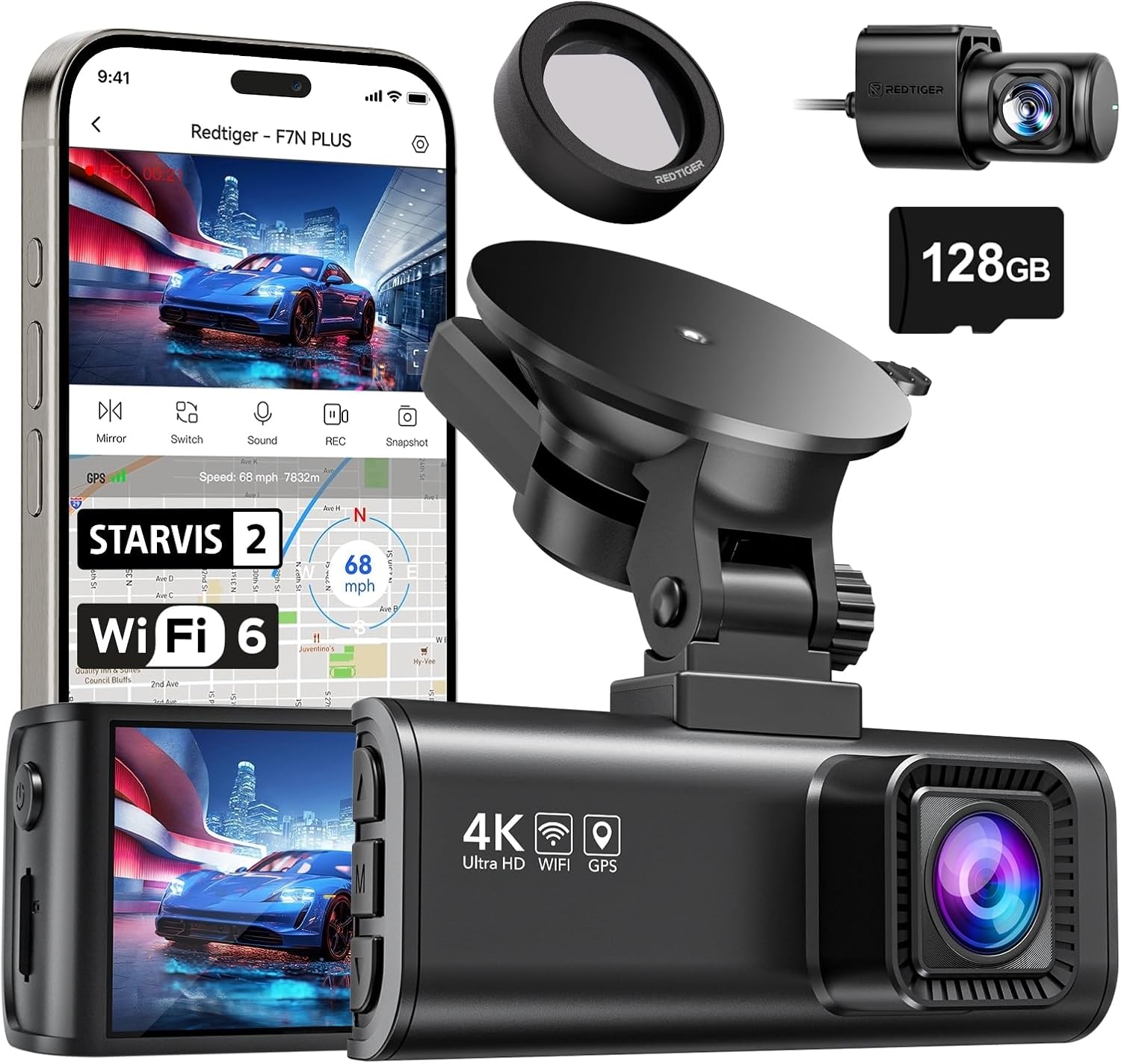 REDTIGER F7NP 4K Dash Cam with GPS WiFi & Rear Camera