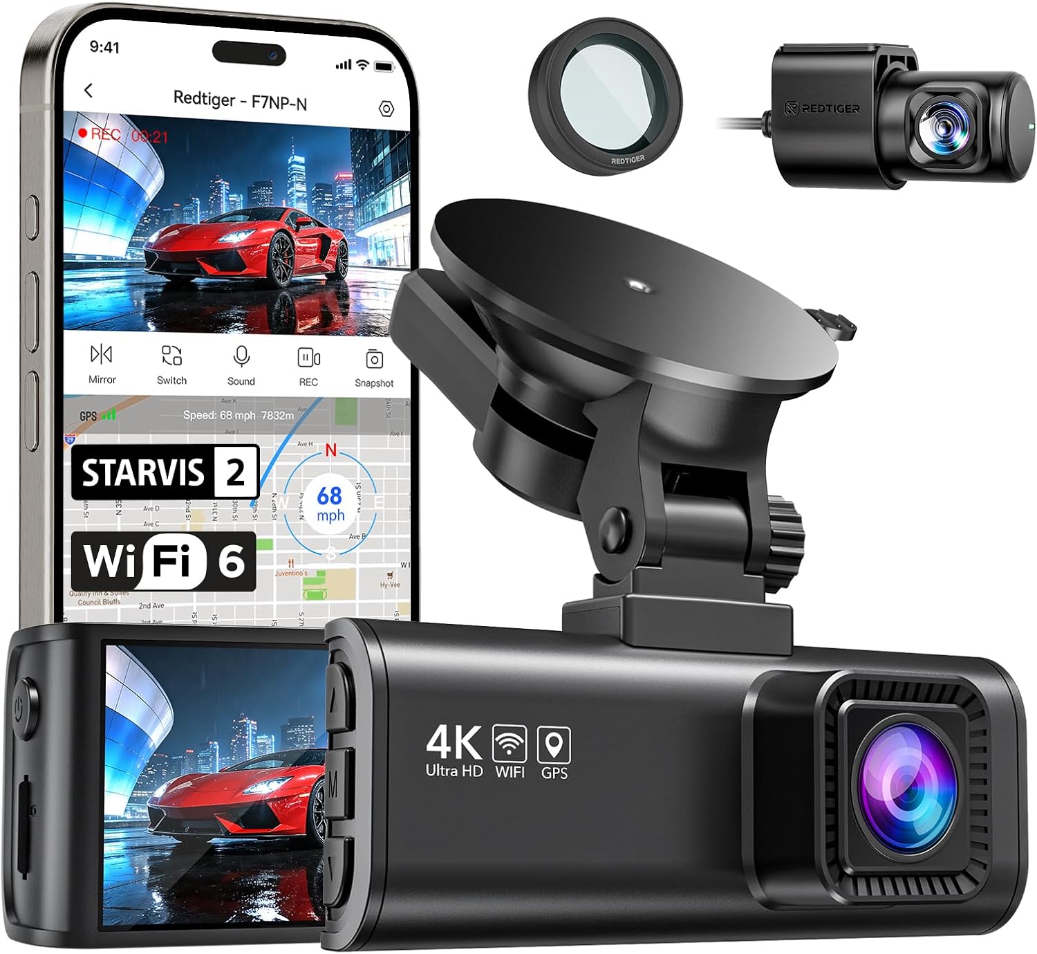 REDTIGER F7NP-N 4K Dash Cam Front & 1080P Rear with WiFi GPS