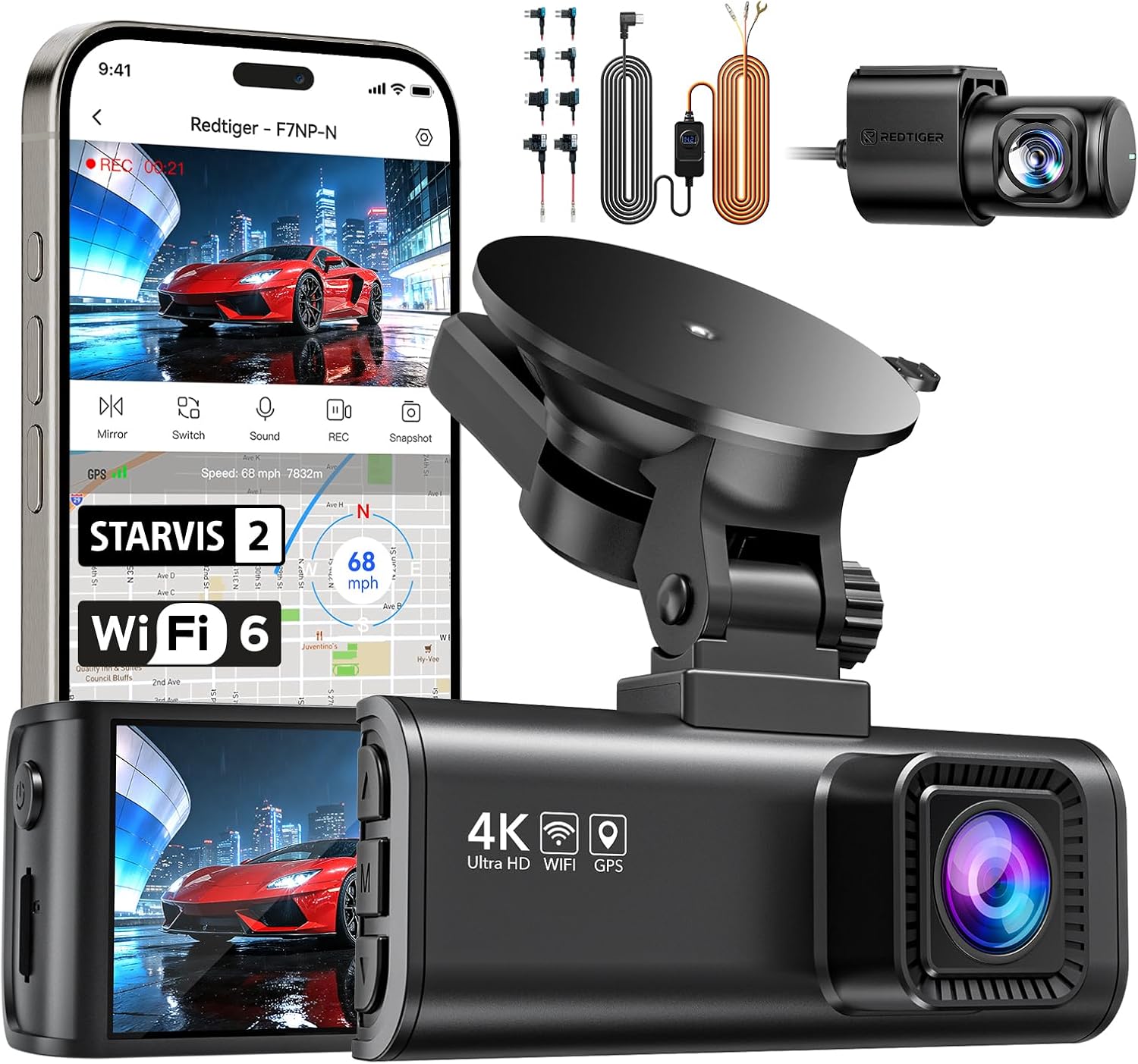 REDTIGER F7NP-N Dash Cam 4K Front/1080P Rear with WiFi GPS