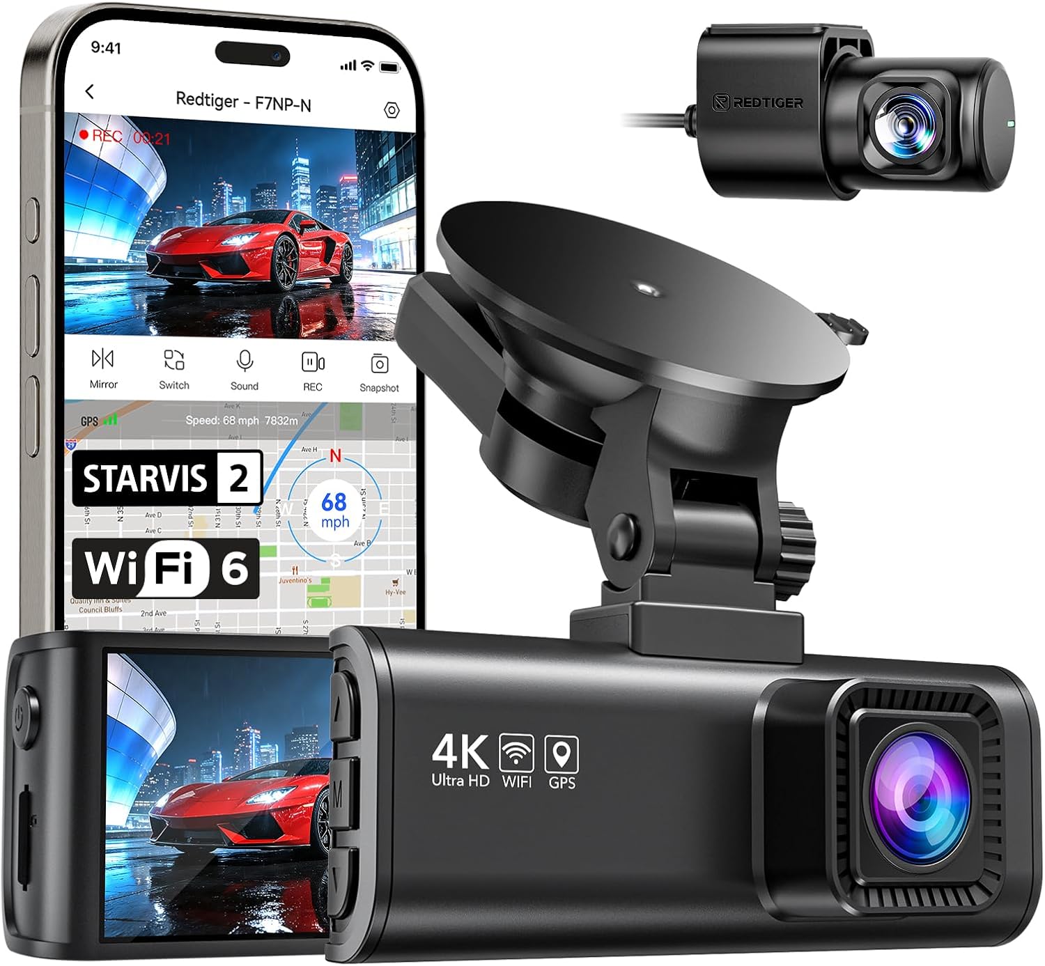 REDTIGER F7NP-N Dash Cam 4K Front/1080P Rear with WiFi GPS